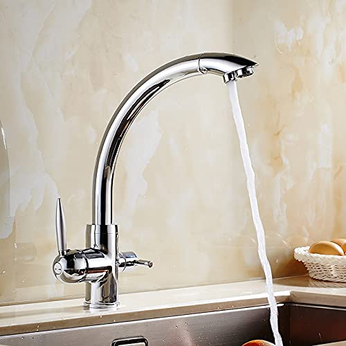 OMOONS Commercial Grade 3-Way Kitchen Sink Faucet - Deck Mounted Water Filter Tap with Solid Brass Construction - Chrome Finish for Bar, Farmhouse & Restaurant Use