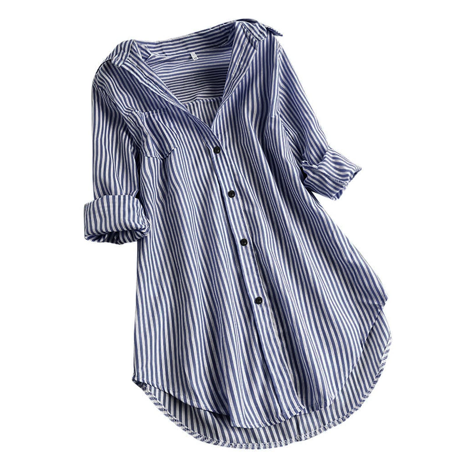 Women's Loose Sleeve Turn-Down Long Button Blouse with Stripe Collar - Fitted Casual Tee Shirt for Work, Office & Everyday Wear
