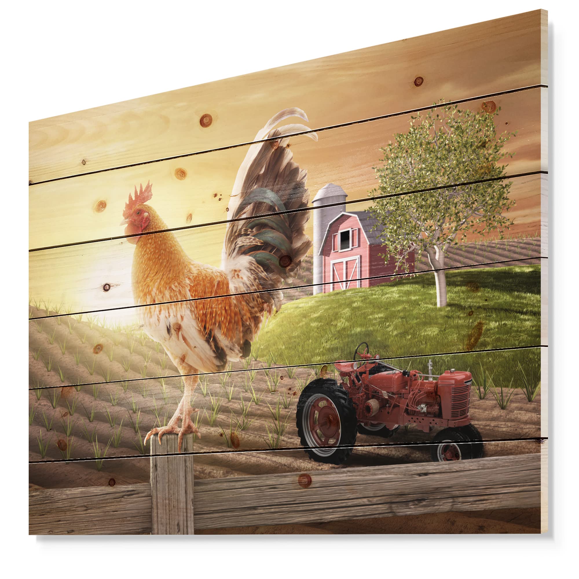 Rustic Farmhouse Wood Wall Art - Country Morning Scene with Large Animals, Natural Pine Wood Decor for Living Room, Bedroom & Farmhouse Style Homes