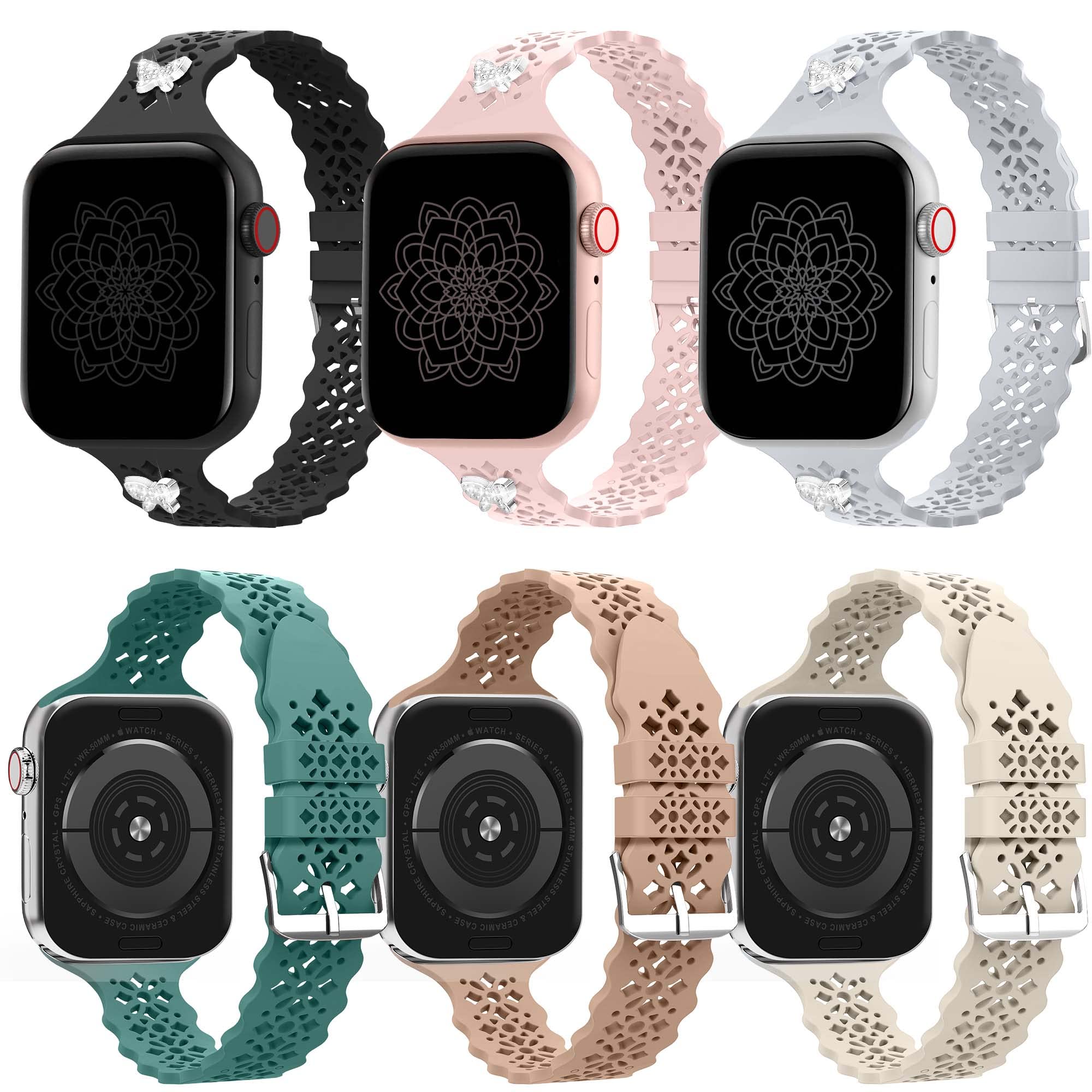 Apple Watch Bands for Women - 6 Pack Slim Silicone Lace Hollow-Out Straps Compatible with 38mm 40mm 41mm 42mm 44mm 45mm iWatch Series 7/6/5/4/3/2/1/SE - Perfect for Workouts, Daily Wear & Fashion Accessories