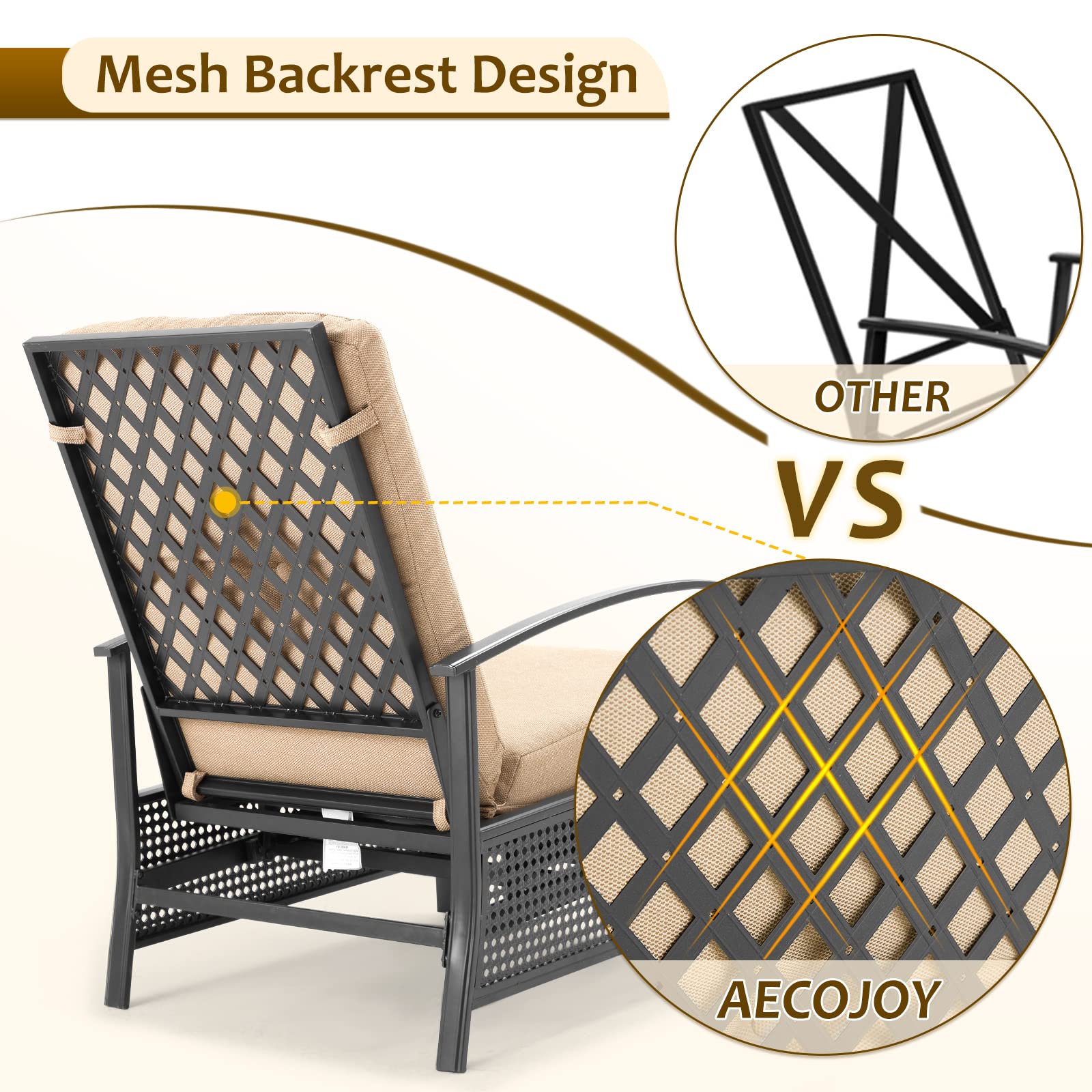 AECOJOY Outdoor Recliner Chair - Adjustable Patio Lounge Chair with Removable Beige Olefin Cushions - Perfect for Poolside, Backyard, Beach & Camping Relaxation