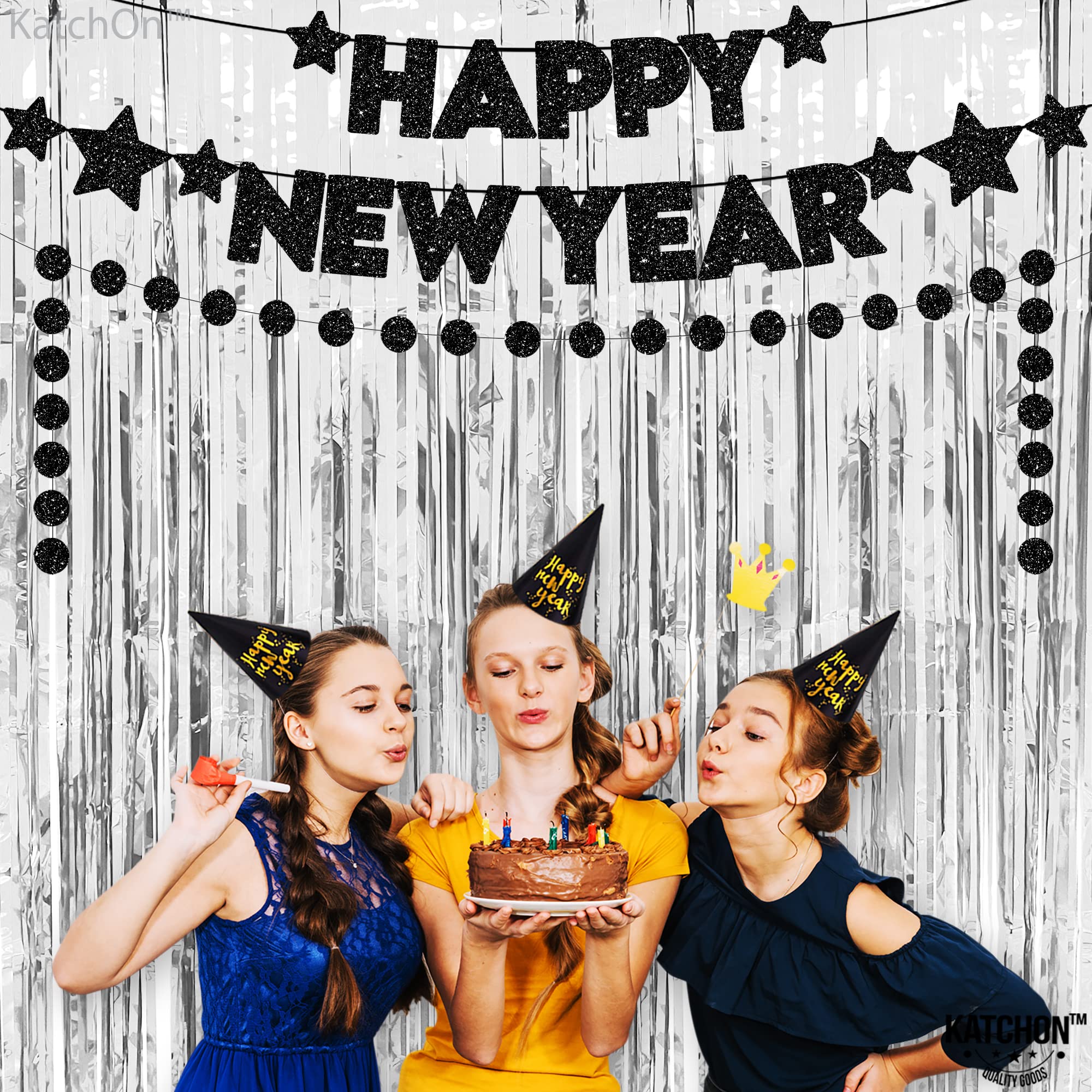 KatchOn 10ft Glitter Happy New Year Banner 2025 - Pre-Strung Black NYE Party Decor | New Year's Eve Sign, Garland & Celebration Supplies for Home, Office & Event Decorations