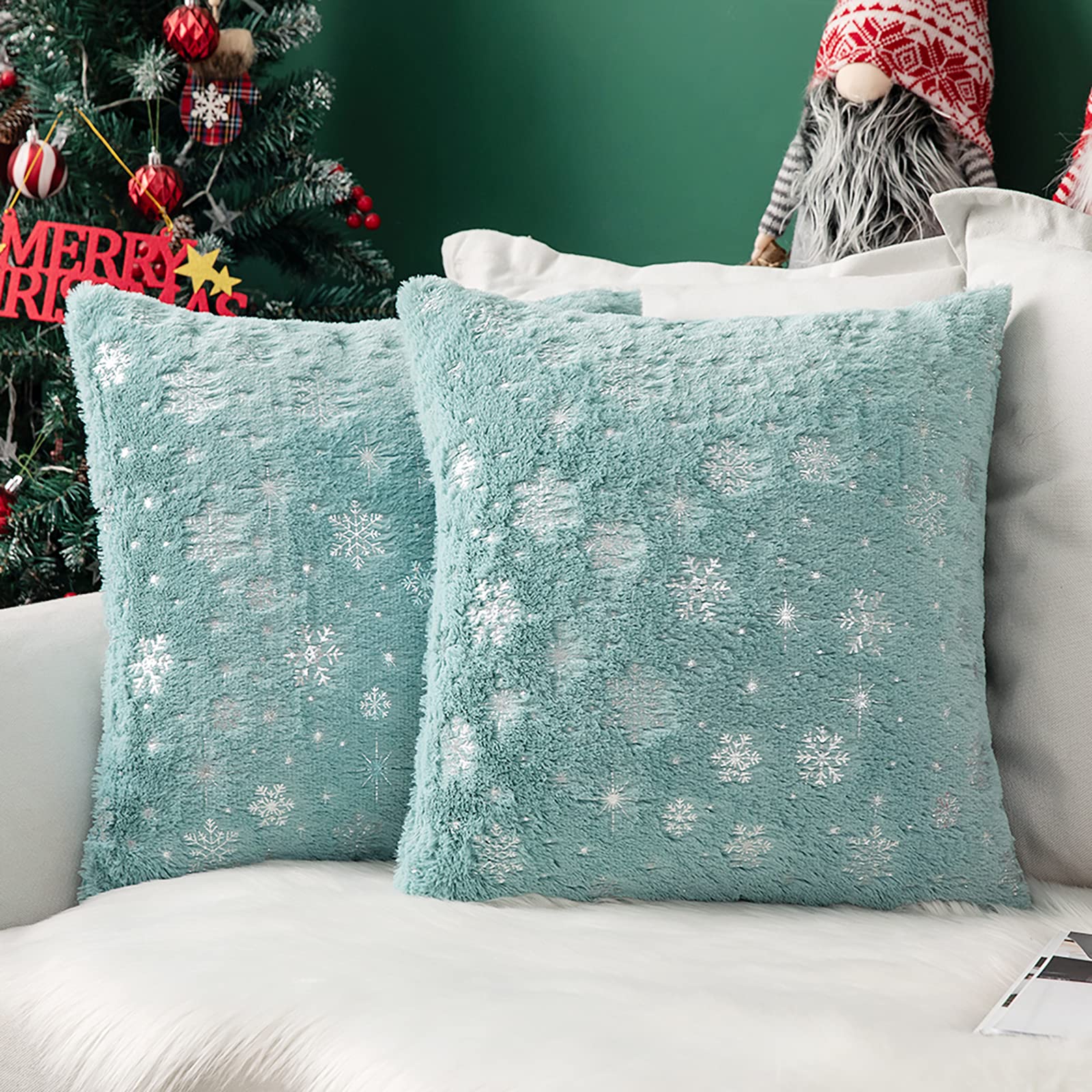 MIULEE Christmas Set of 2 Soft Faux Fur Throw Pillow Covers 20x20 Inch - Silver Snowflake Glitter Decorative Cushion Covers for Sofa, Bed, Living Room, Girls Room (Aqua Green) - Perfect for Holiday Decor, Winter Home Accents & Cozy Gift Ideas