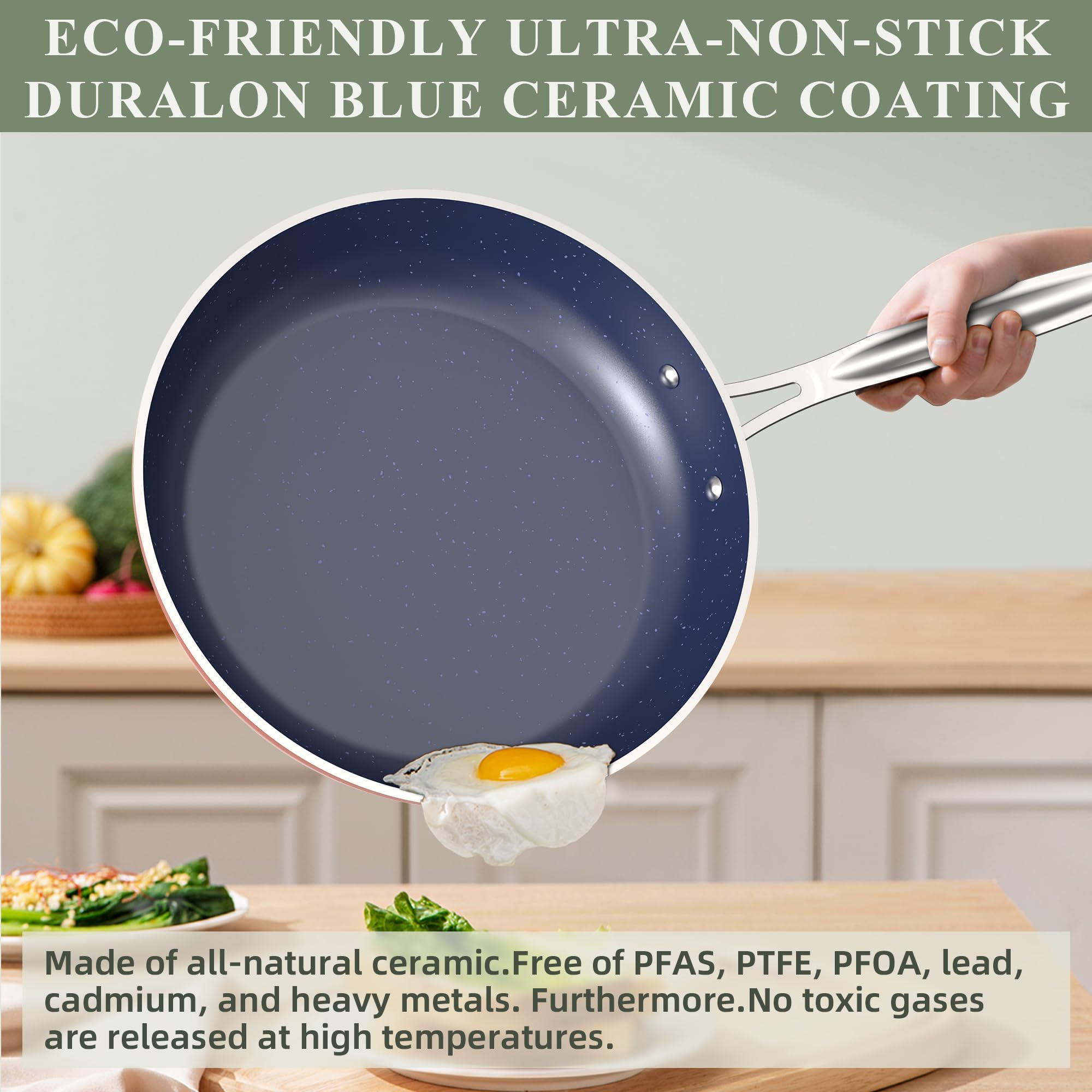 Nuwave Healthy Duralon Blue Ceramic Nonstick Cookware Set - Diamond Infused Scratch-Resistant, PFAS-Free, Dishwasher & Oven Safe, Induction Compatible, Even Heat Distribution with Tempered Glass Lids & Stay-Cool Handles - Perfect for Healthy Cooking, Frying, Baking & Everyday Meal Prep