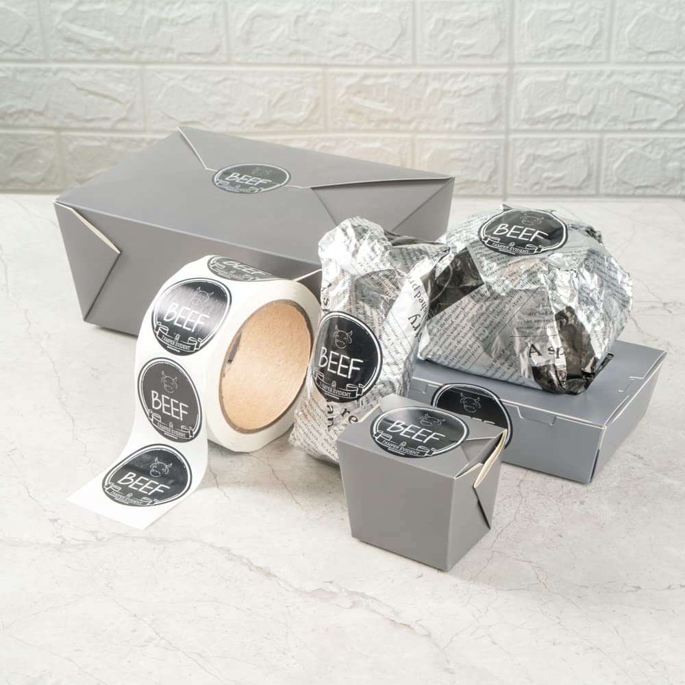 Restaurantware Label Tek 2 Inch Tamper-Evident Stickers for Beef - 500 Rolled Tamper Seal Stickers with Chalkboard Design | Safe Food Delivery | Black Plastic Stickers with White Font | Ideal for Takeout Containers, Grocery Packaging & Food Safety Compliance