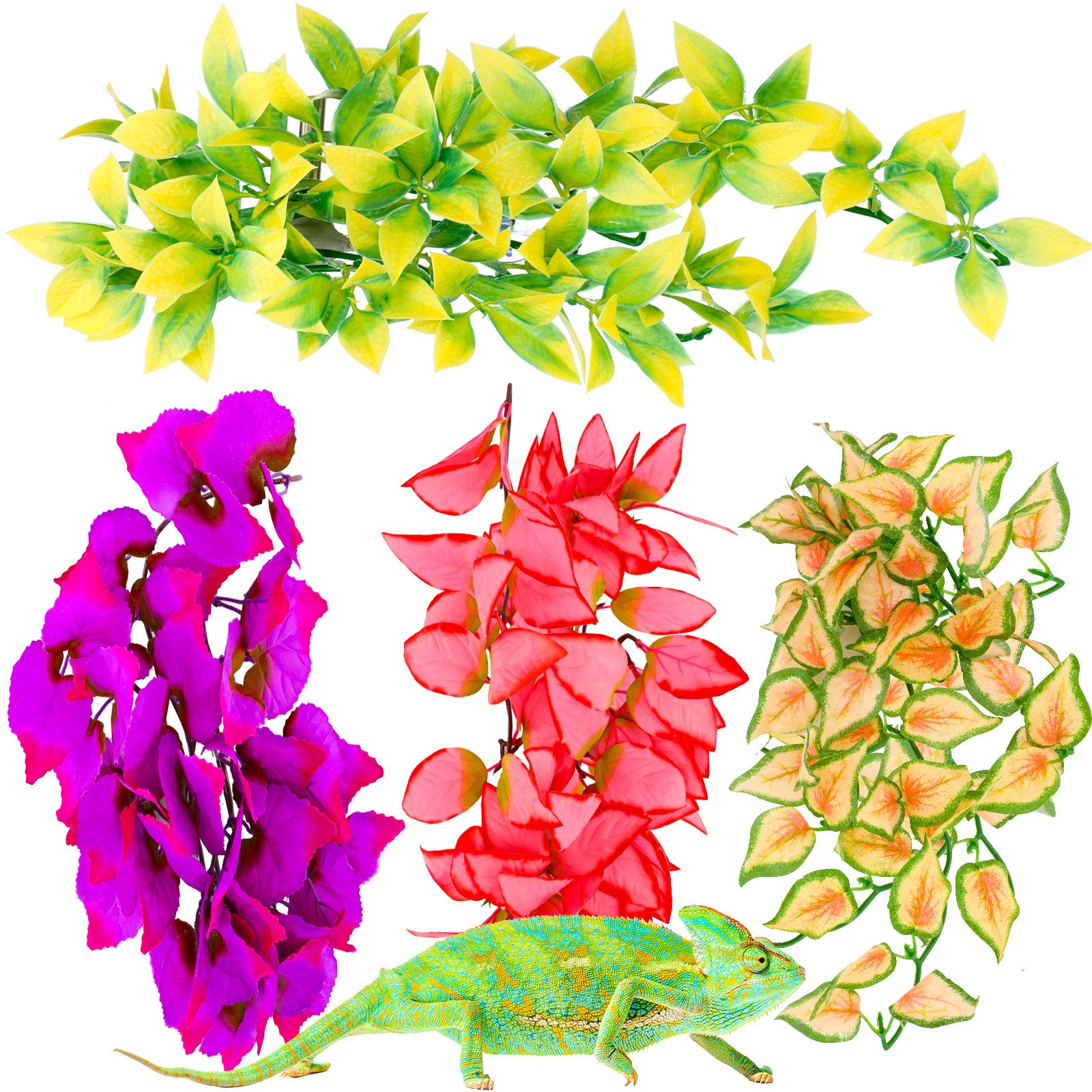 WILLBOND 4PCS Artificial Reptile Plants - Plastic Hanging Terrarium Decor with Suction Cups for Hermit Crabs, Lizards, Geckos (Cute Color) - Perfect for Reptile Habitats, Terrarium Decorations & Pet Enclosures