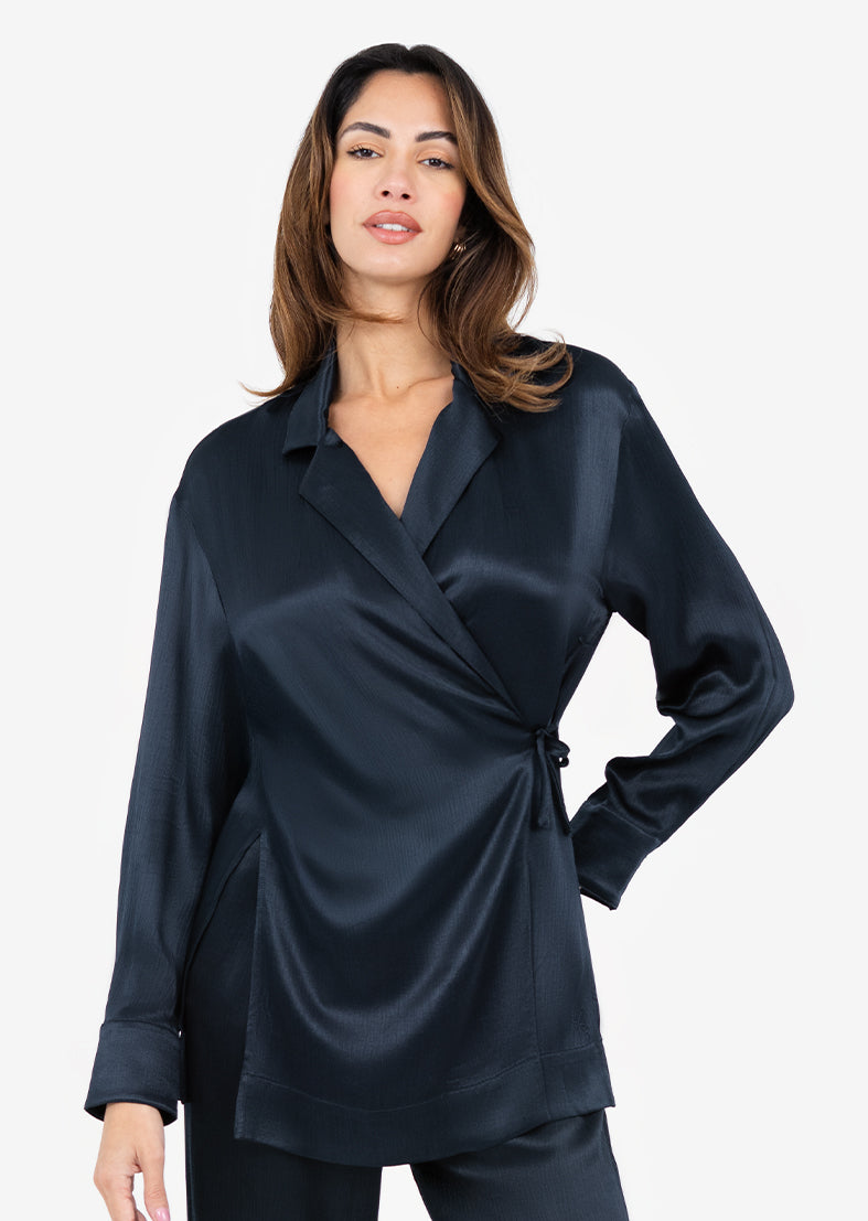 Plisse Side Tie Jacket for Women - Midnight Navy Shiny Outerwear | Elegant Blazer with Adjustable Waist Tie | Perfect for Office, Party & Evening Occasions