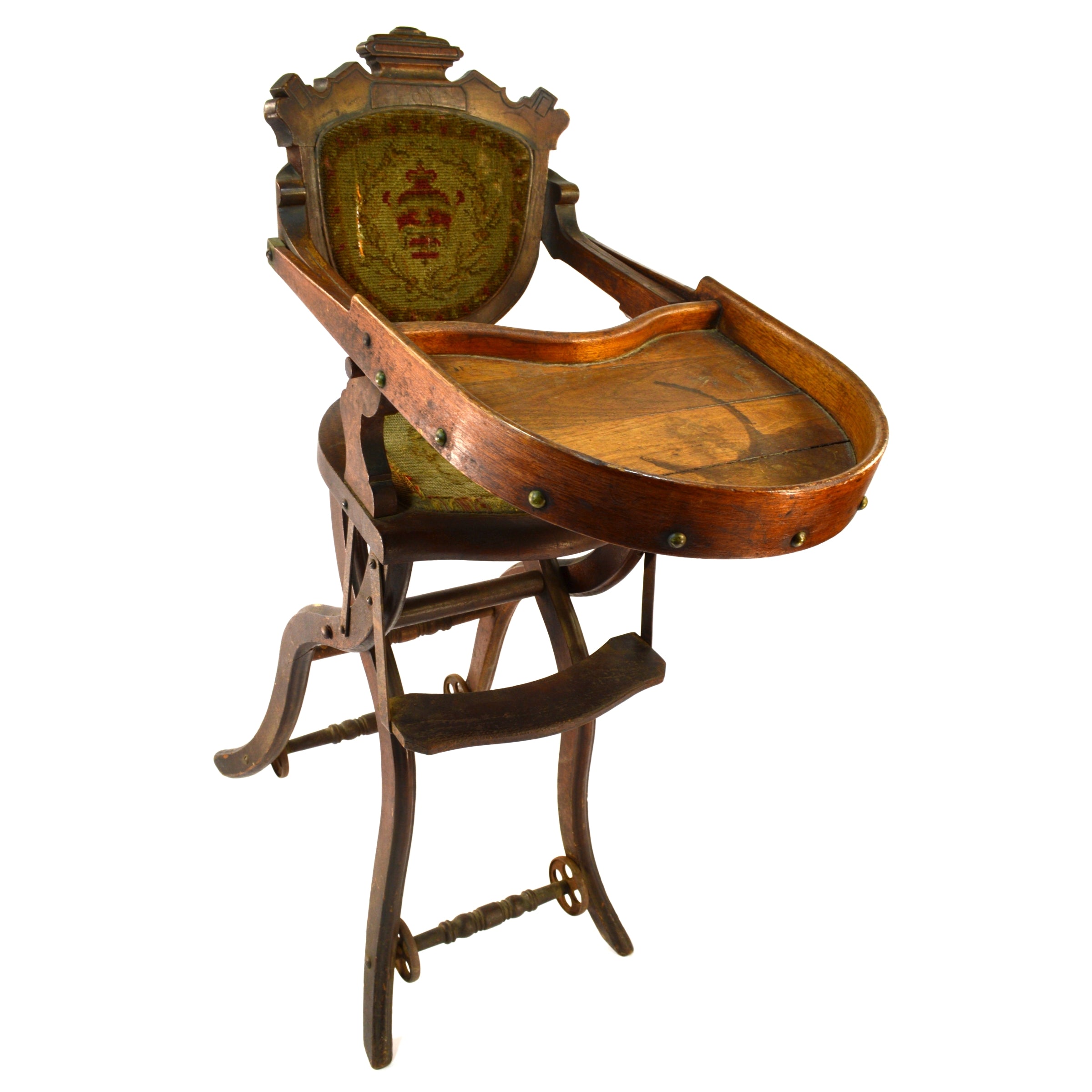 Antique Eastlake Style 19th Century Embroidered Wood Baby High Chair - Folding & Convertible Vintage Nursery Furniture for Dining, Collecting, and Home Decor