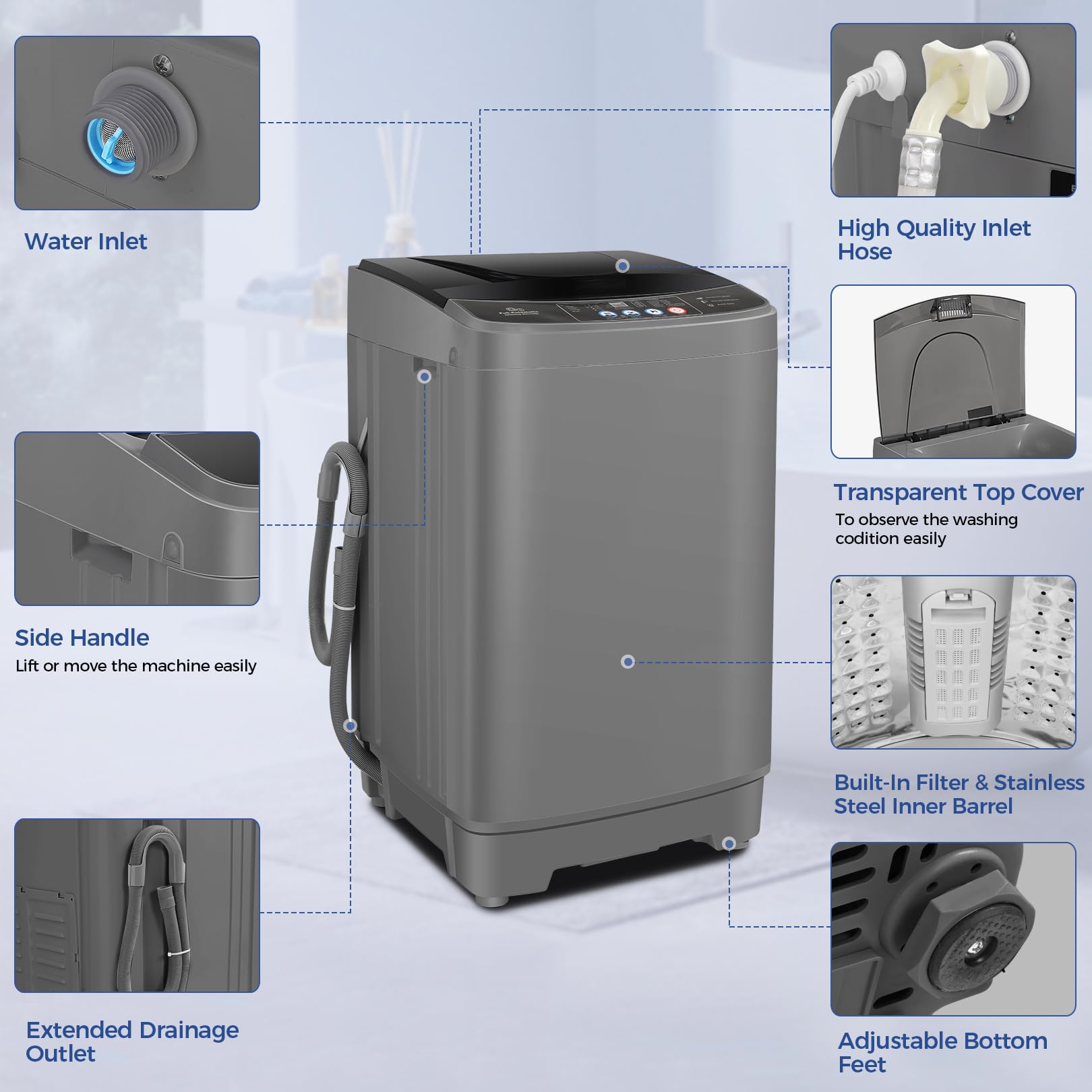 Nictemaw 20Lbs Portable Washing Machine with Drain Pump - 2.8 Cu.ft Compact Washer, 10 Programs & 8 Water Levels - Perfect for Apartments, Dorms, RVs, Camping & Small Spaces - Easy Laundry Solution for Travel & Tiny Homes
