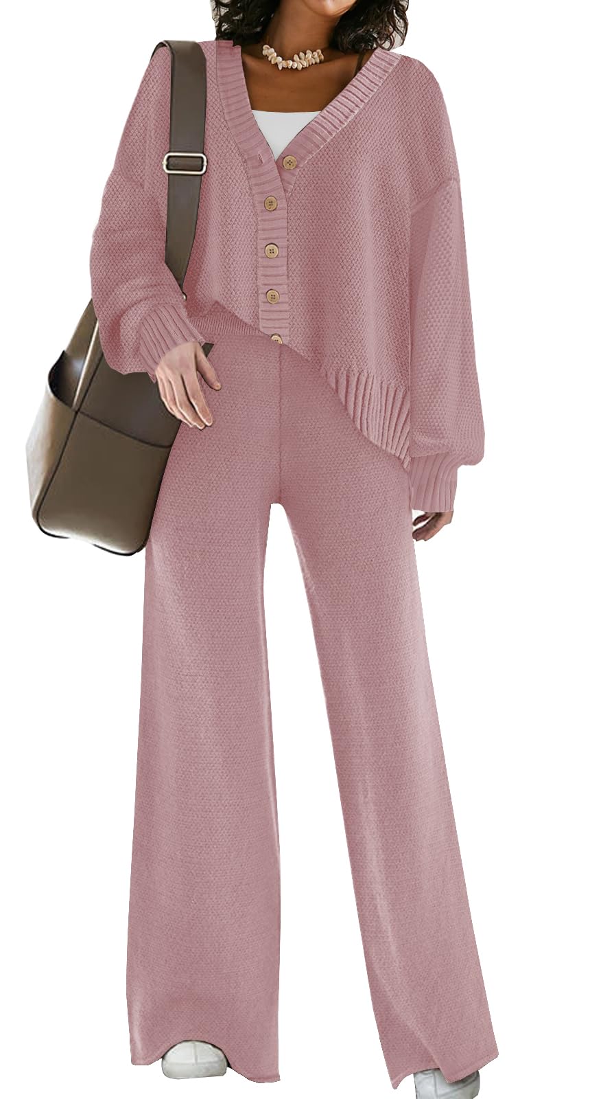 Women's Two Piece Outfits - Soft Open Front Knit Cardigan & Wide Leg Pants Lounge Set | Cozy Sweater Sets for Women | Perfect for Home, Office & Casual Outings