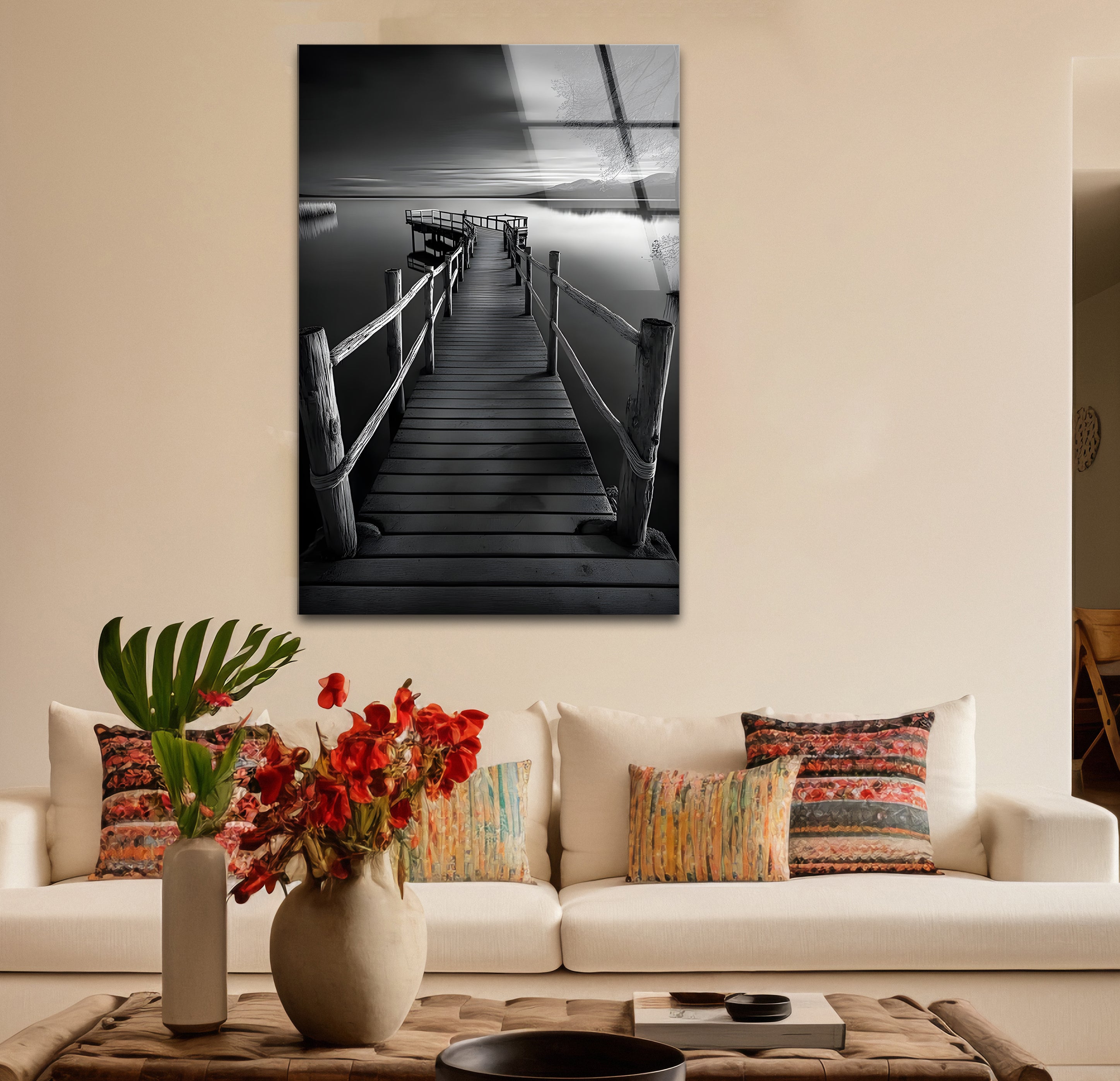Black and White Dock Landscape Glass Wall Art - Modern Framed Home Decor for Living Room, Bedroom, Office | Coastal Nautical Theme