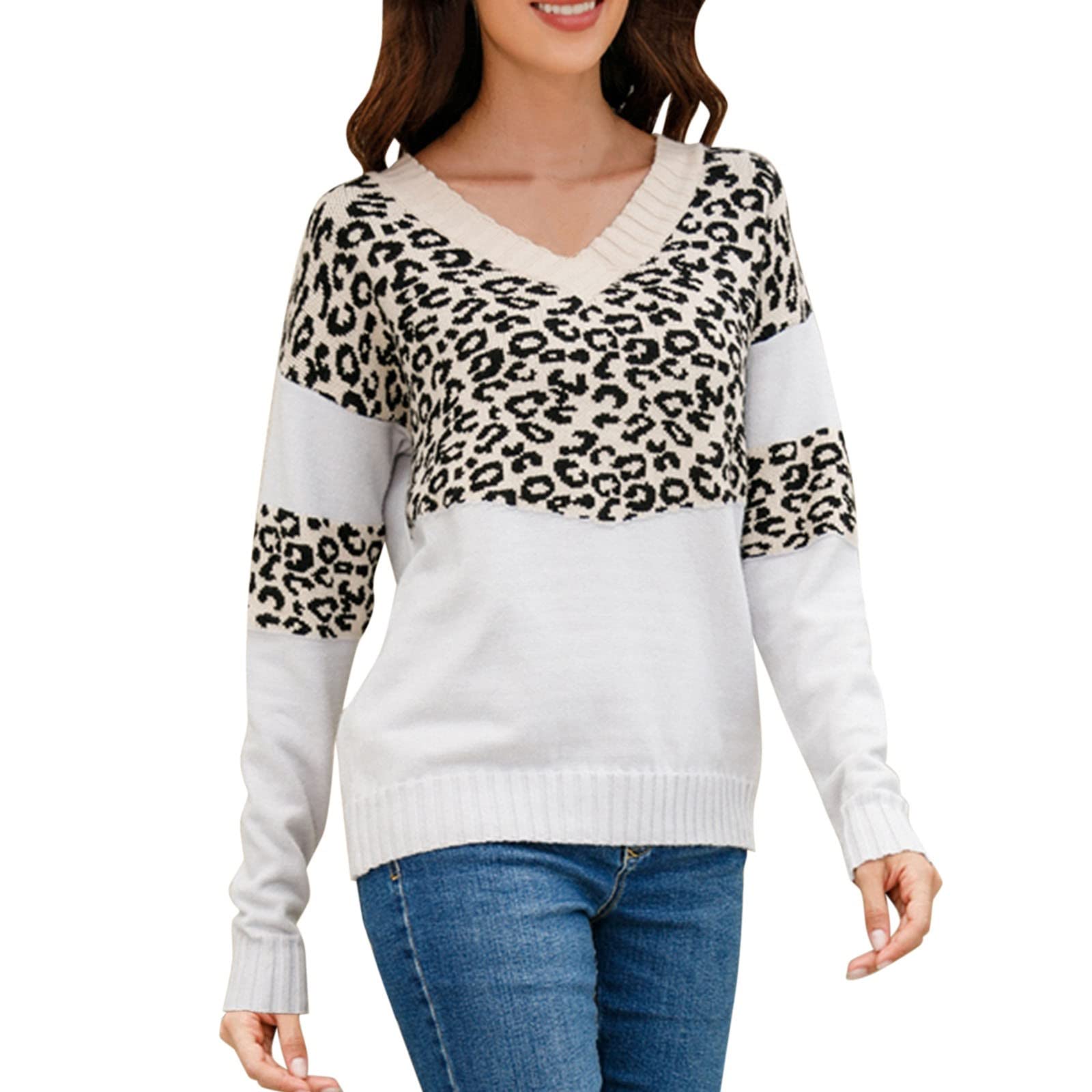 Women's Color Block Long Sleeve V-Neck Pullover Knit Jumper Sweater - Casual Loose Fit Tank Top for Women - Perfect for Office, Date Night & Fall Layering