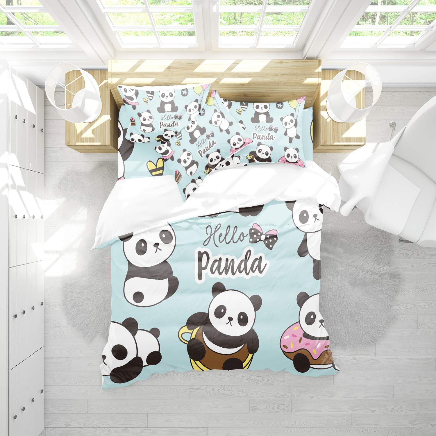REALIN Panda Bedding Set - Pink Blue Green Cartoon Panda Duvet Cover with Hot Air Balloon Design, 2/3/4PCS Microfiber Quilt Cover, Sheets & Pillow Shams for Twin/Full/Queen/King Size - Perfect for Kids' Room, Nursery Decor or Themed Bedroom