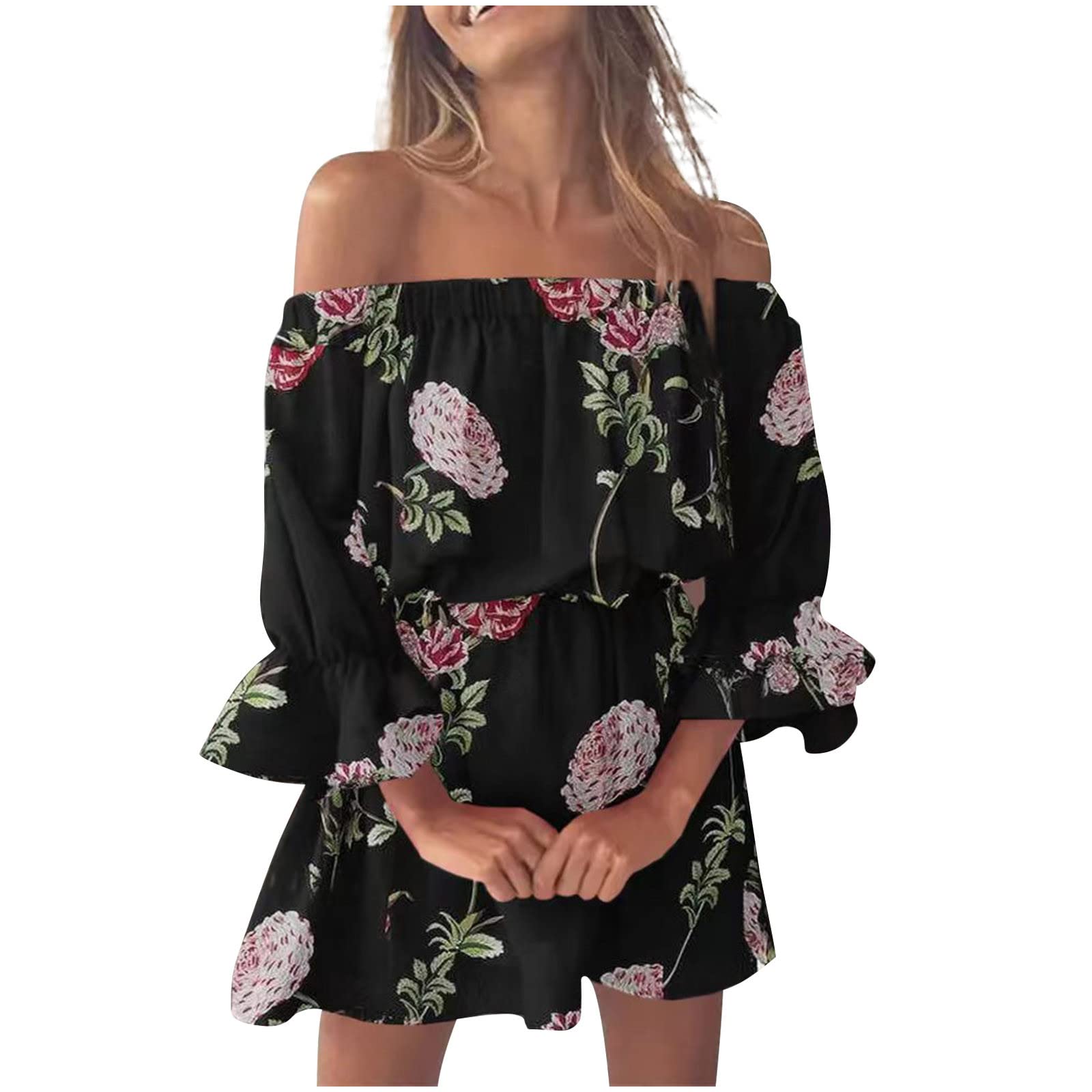 Women's Floral Printed Off Shoulder A-Line Dress with Bell Sleeves - Casual Summer Beach Dress for Ladies | Perfect for Vacations, Outdoor Parties & Date Nights