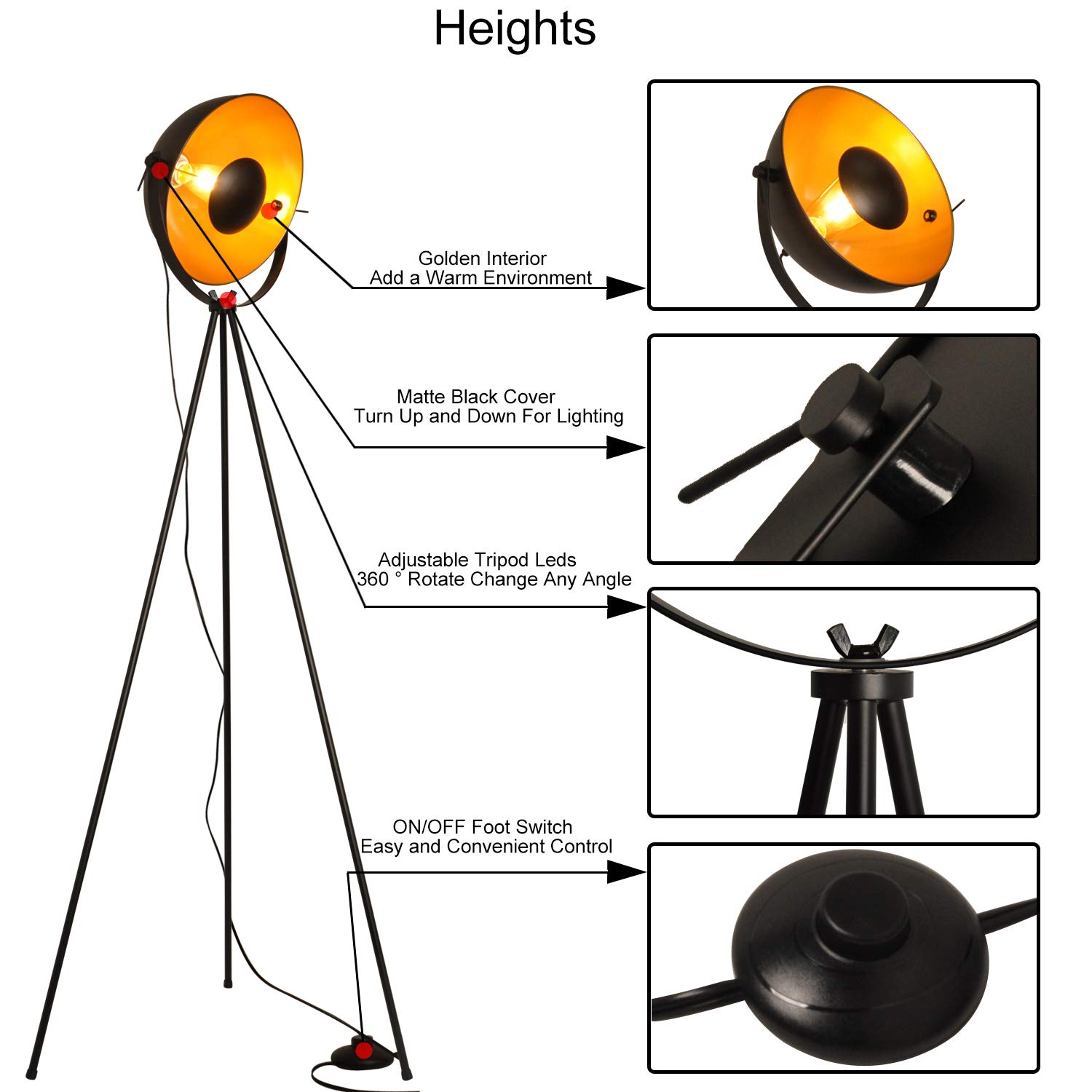 COSYLUX Industrial Tripod Floor Lamp - Modern Black & Gold Standing Light for Living Room, Bedroom, Office - Adjustable Height Tall Lamp for Reading, Relaxing, Decor (Bulbs Not Included)