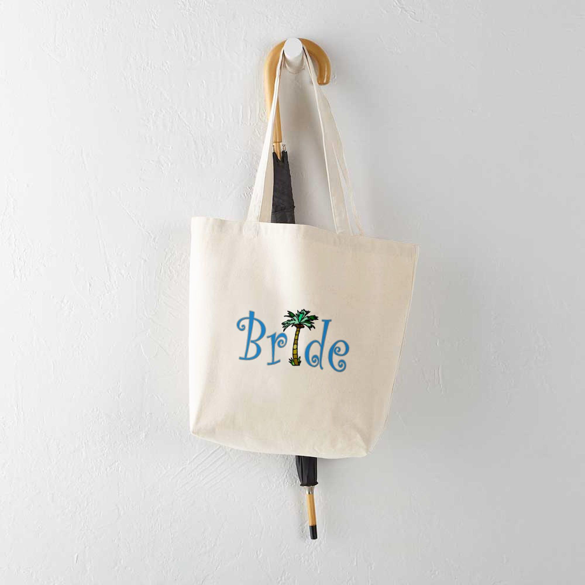 Eco-Friendly Bride With Palm Tote Bag - Natural Canvas Reusable Shopping Bag for Beach, Groceries & Bridal Showers | Sustainable Cotton Tote for Women