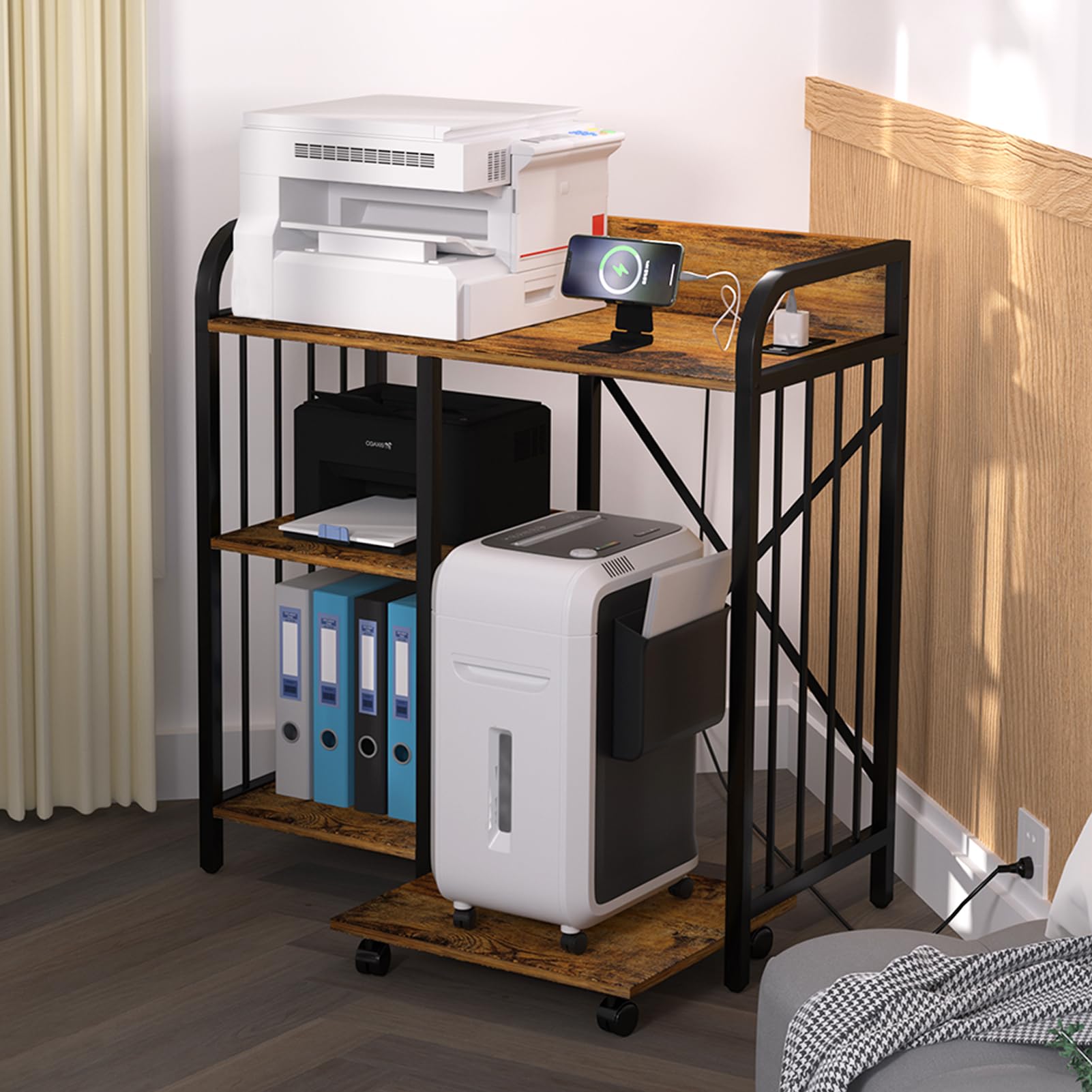 Large Printer Stand with Storage Shelves & Power Outlets - Home Office Printer Table, Lateral File Cabinet, CPU Stand & Shredder Holder - Perfect for Organizing Printers, Computers & Office Supplies in Brown
