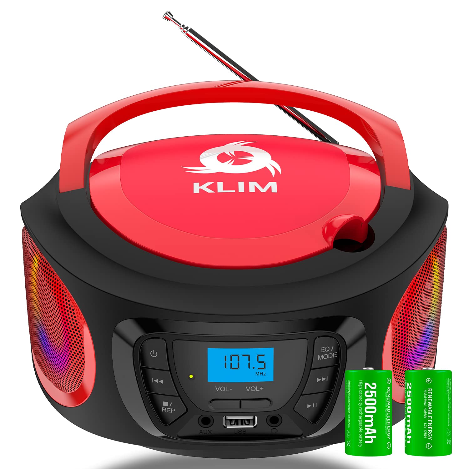 KLIM Boombox Portable Bluetooth Speaker with FM Radio, CD Player, MP3 & USB Playback - Rechargeable Battery, Wired/Wireless Modes - Compact Sturdy Design (Red) - Perfect for Outdoor Parties, Beach Trips & Home Entertainment