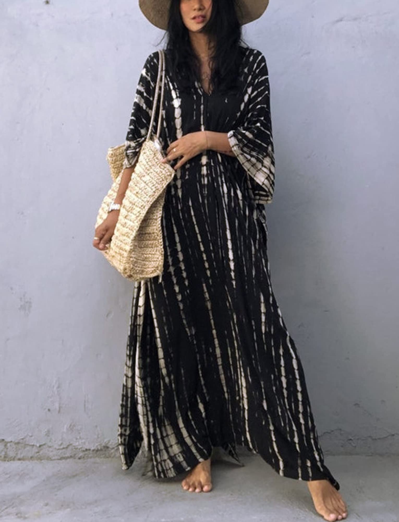 FEOYA Women's Bohemian Swim Cover Up - Printed V-Neck Kaftan Dress with Side Slit | Beachwear for Pool, Vacation & Summer Outfits
