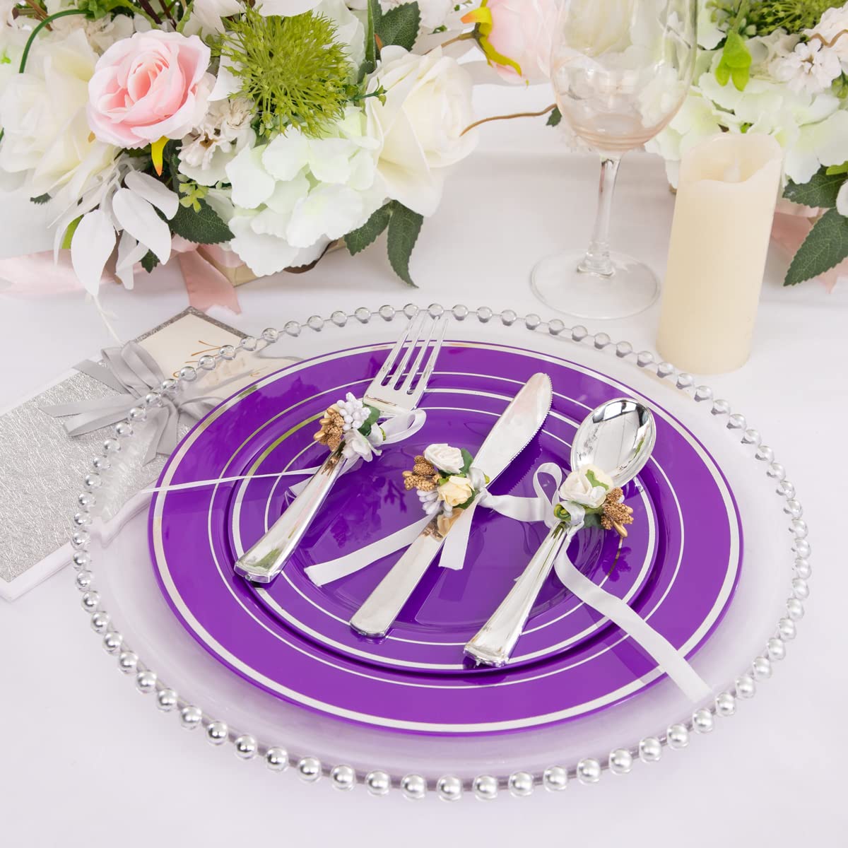 WELLIFE 200-Piece Purple & Silver Plastic Dinnerware Set - 40 Dinner Plates, 40 Dessert Plates, 40 Forks, 40 Knives, 40 Spoons - Elegant Disposable Tableware for Wedding, Party, Birthday, Bridal Shower & Special Events