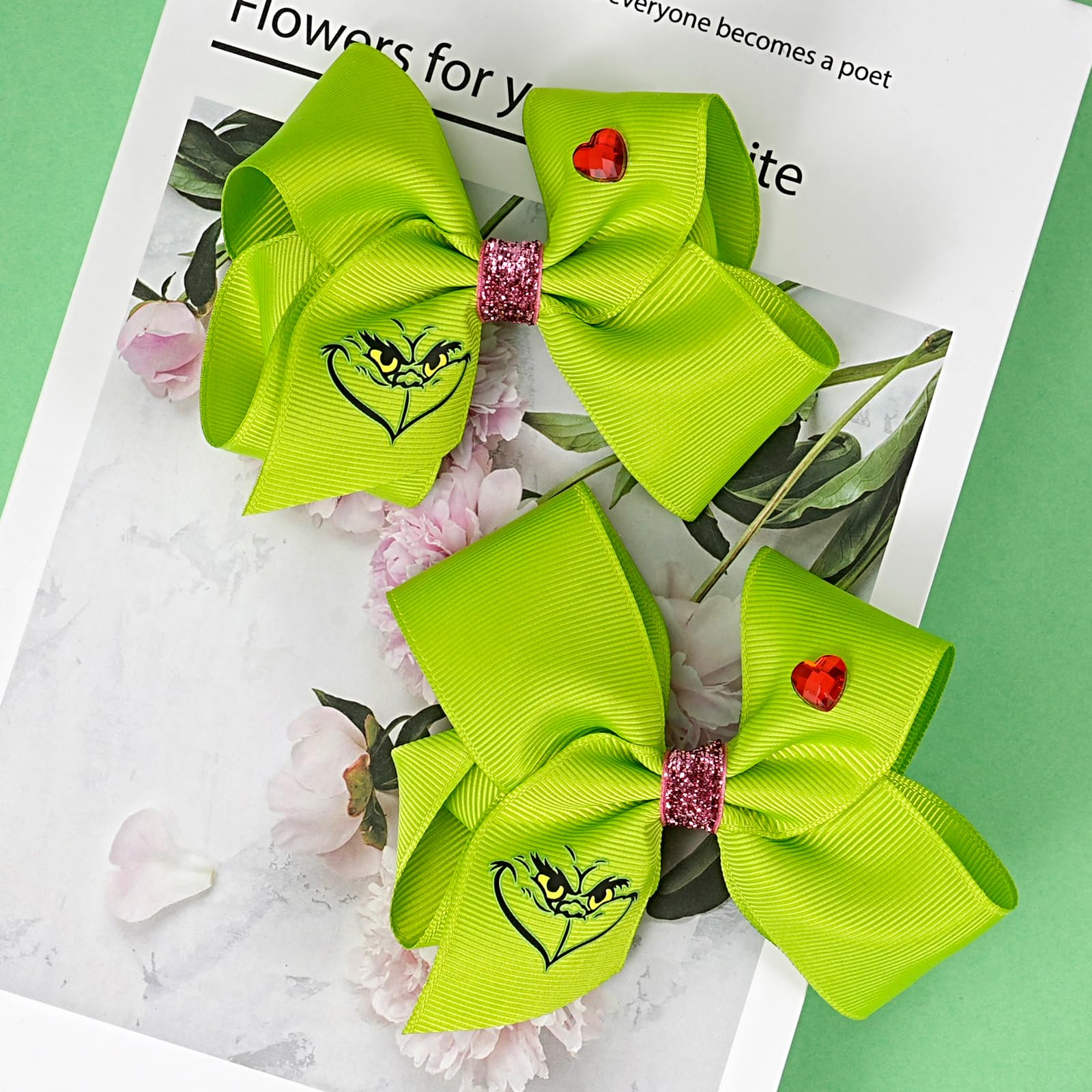 Festive Christmas Green Hair Bow Clips - 2Pcs Set of 5-Inch Holiday Hair Accessories for Women & Girls | Christmas Party Decor, Costume Accessories & Stocking Stuffers | Perfect for Holiday Gatherings, School Plays & Christmas Photos