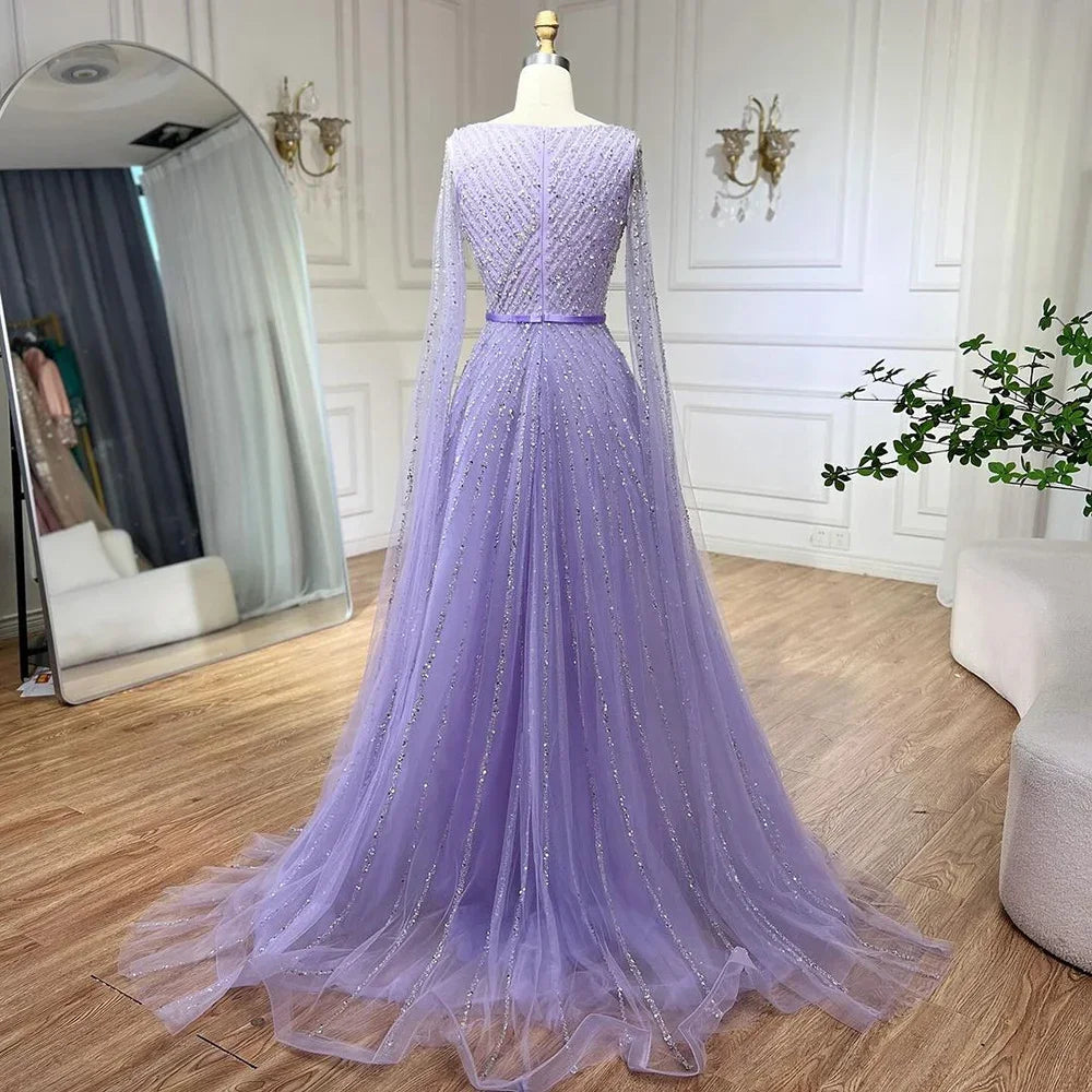 Elegant Beaded A-Line Dubai Evening Gown with Cape Sleeves - Luxury 2025 Celebrity Party Dress for Women - Perfect for Red Carpet Events, Galas, and Formal Occasions