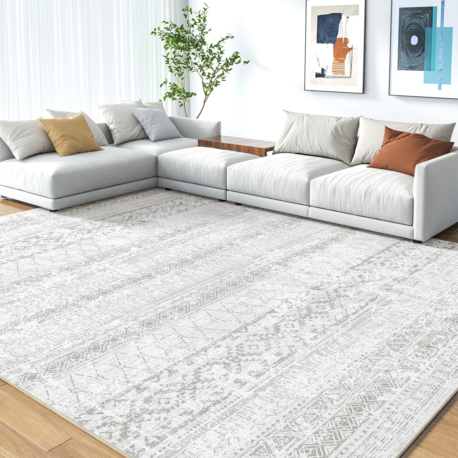 5x7 ft Boho Moroccan Area Rug - Distressed Neutral Grey Washable Carpet for Living Room, Bedroom & Dining Room | Perfect for Home Decor, Cozy Spaces & Boho Chic Style