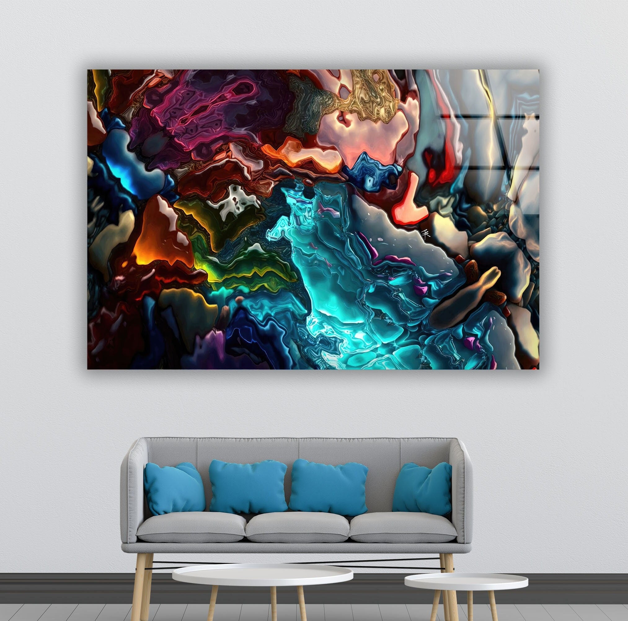 Blue & Black Alcohol Ink Glass Wall Art - Handmade Abstract Home Decor for Living Room, Bedroom & Office