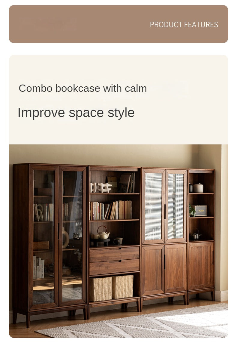 Premium Black Walnut & Ash Solid Wood Bookcase with Dust-Proof Glass Doors - Stylish Home Office & Living Room Storage Solution