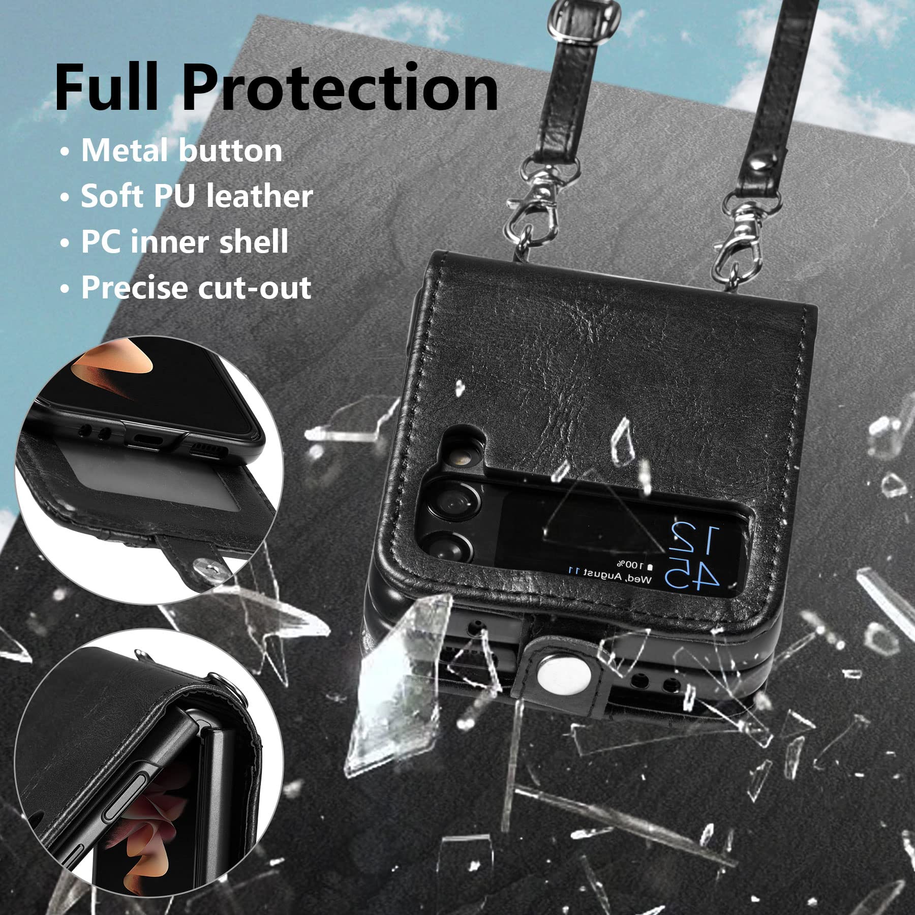Premium Leather Wallet Case for Samsung Galaxy Z Flip 4/5G - Slim Protective Cover with Card Holder & Detachable Lanyard (Black) | Perfect for Daily Use, Travel & Hands-Free Convenience