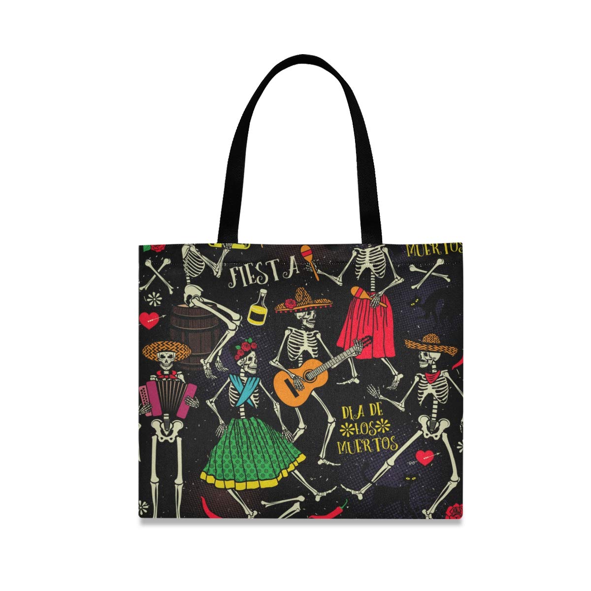 Women's Canvas Tote Bag - Day of The Dead Dancing Skeletons Design | Large Reusable Shopping Bag for Work, Beach & Groceries