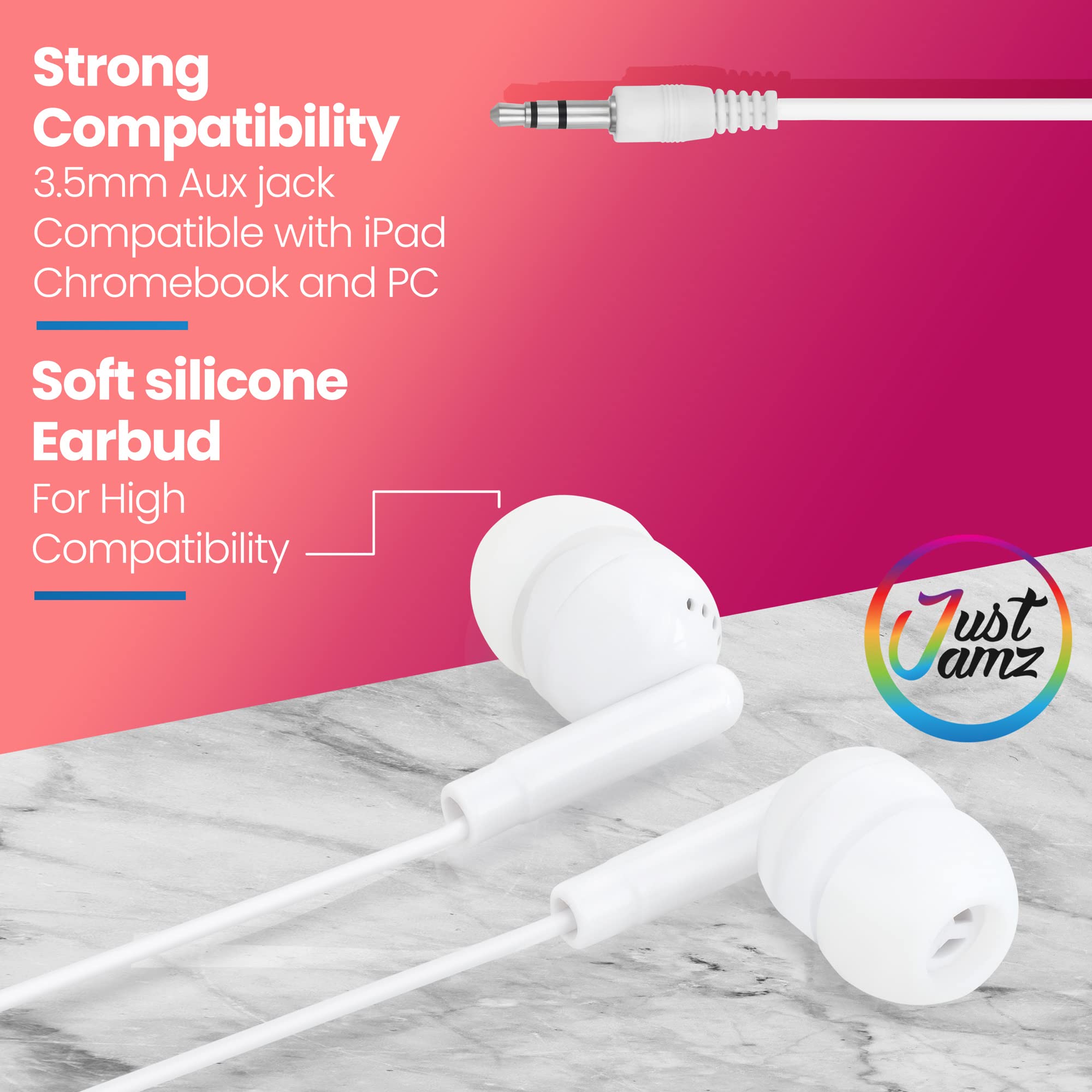 50 Pack Bulk Basic Pearl White In-Ear Earbuds | Disposable 3.5mm Audio Jack Headphones for School, Classroom, Library | Affordable Earphones for Kids, Students & Daily Use