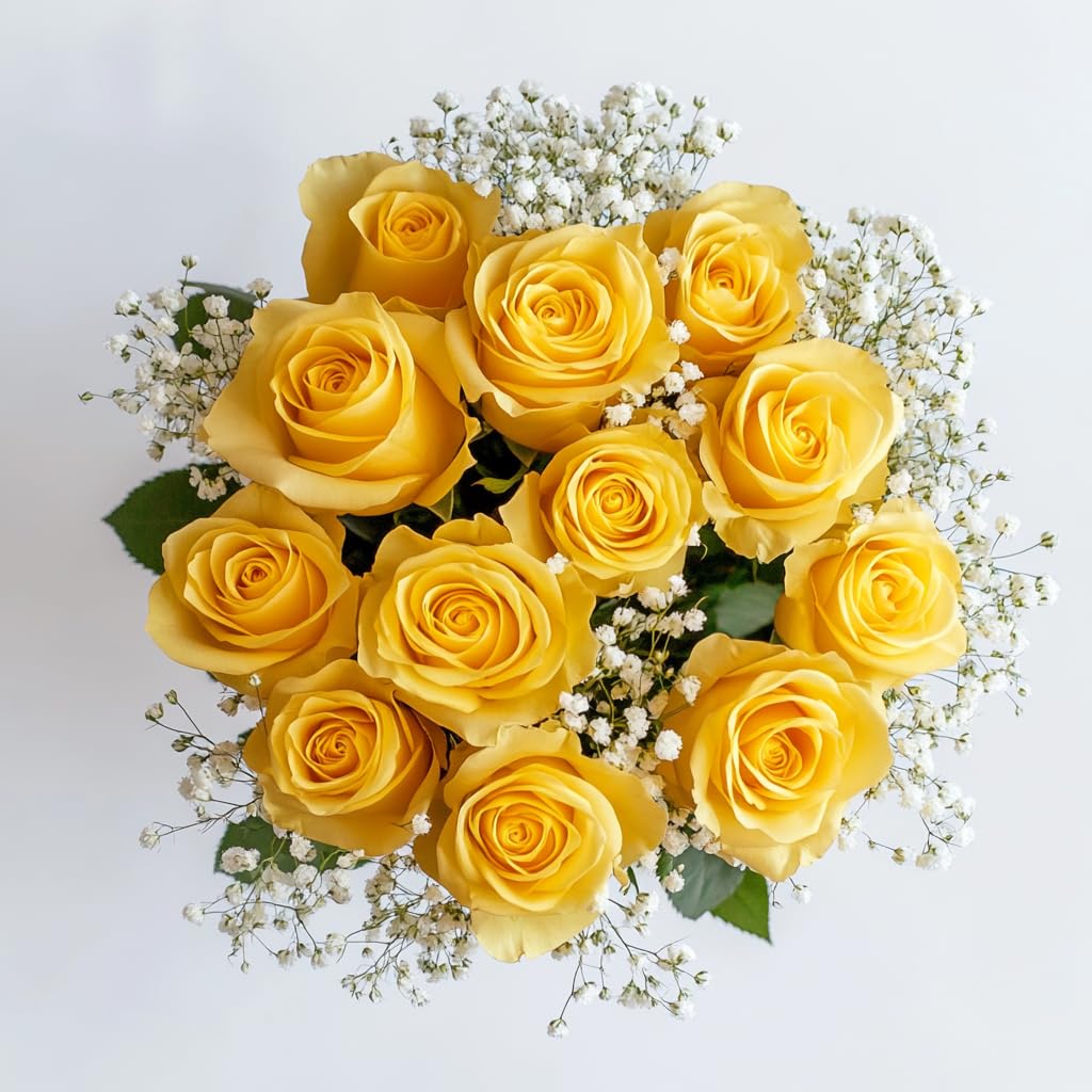 Fresh Dozen Yellow Roses & Fillers Bouquet - Premium Long-Lasting Cut Flowers for Mother's Day, Wedding, Birthday, Anniversary, Bridal Shower | Perfect for Home Décor, Centerpieces & Romantic Gifts