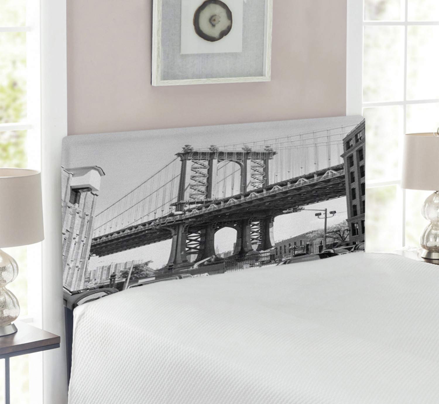 Ambesonne Upholstered Landscape Headboard - Brooklyn Bridge & Street Photo, Decorative Metal Bed Headboard with Memory Foam, Twin Size, Charcoal Grey & White | Perfect for NYC-Themed Bedrooms, Guest Rooms & Modern Home Decor