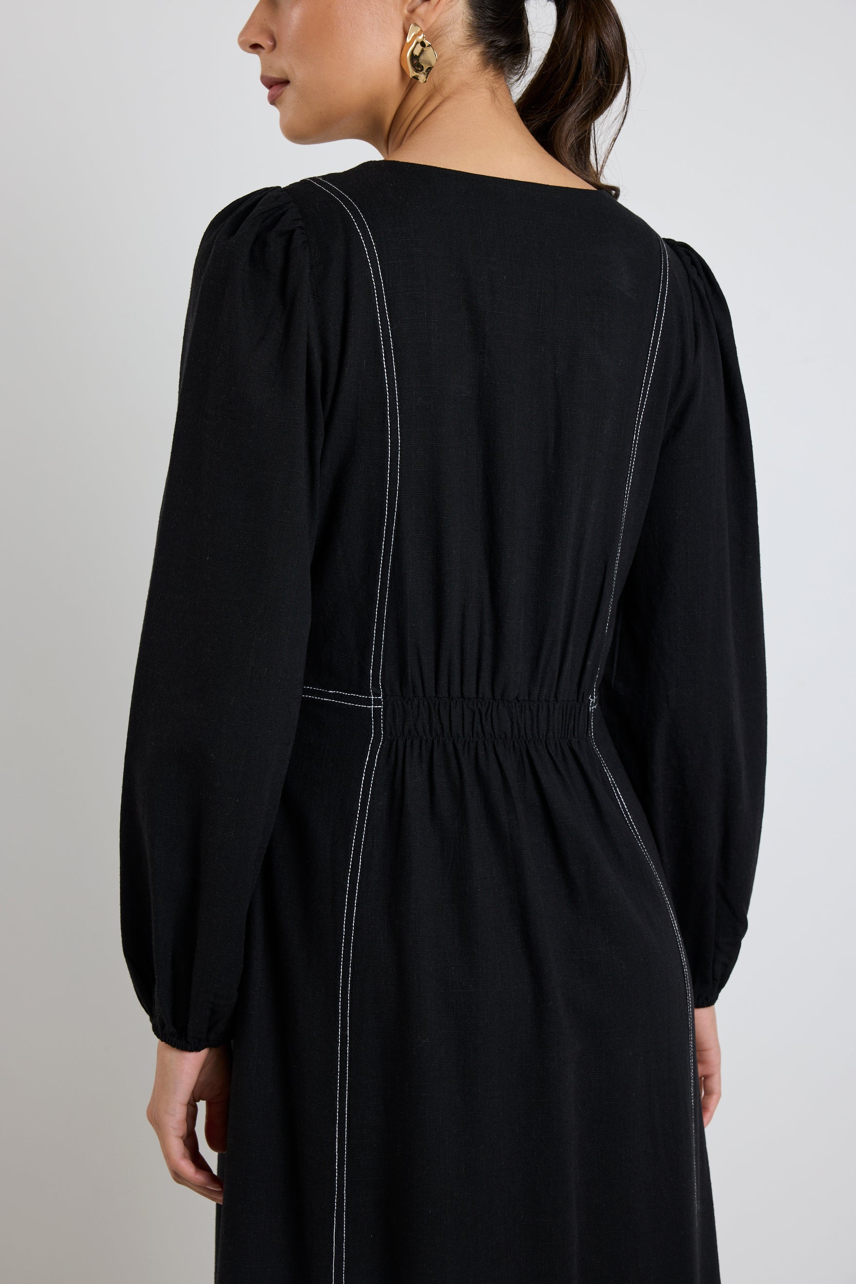 Black LS Contrast Stitch Midi Dress - Women's Elegant Long Sleeve Bodycon Dress for Party, Date Night & Office Wear