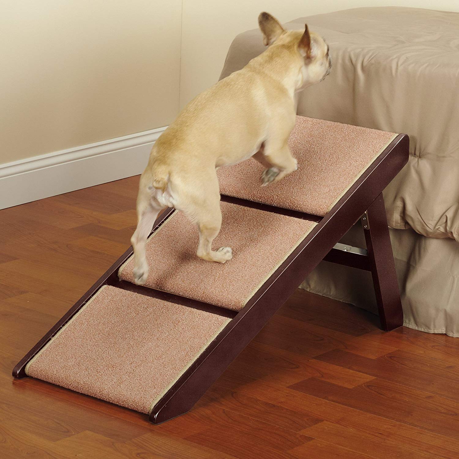 **3-Step Pine Dog Ramp with Steps - Sturdy Brown Wooden Pet Stairs for Small & Medium Dogs - Perfect for Couches, Beds & Cars**
