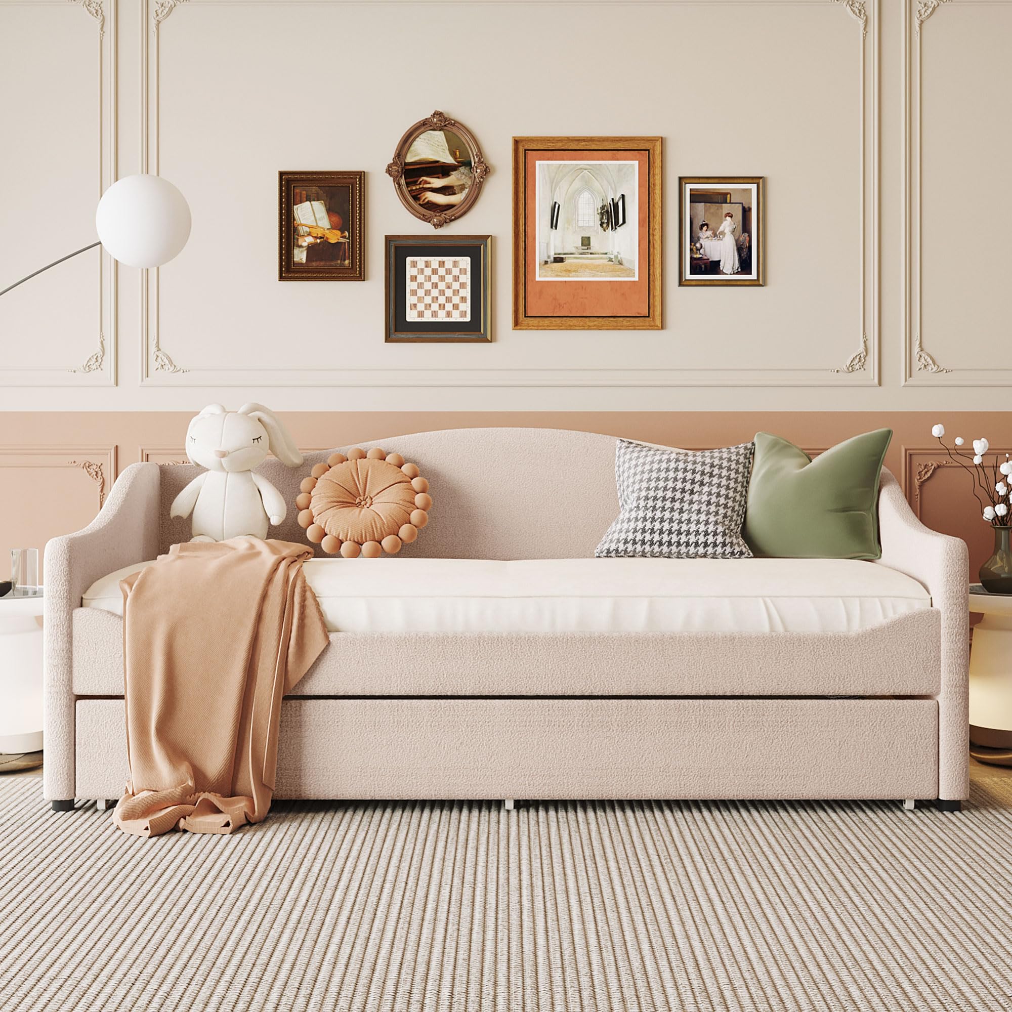 MERITLINE Twin Size Upholstered Daybed with Trundle and LED Lights - Teddy Fleece Sofa Bed Frame with Wooden Trundle - Convertible Sleeper for Bedroom, Living Room, Guest Room - Beige Modern Furniture for Small Spaces & Sleepovers