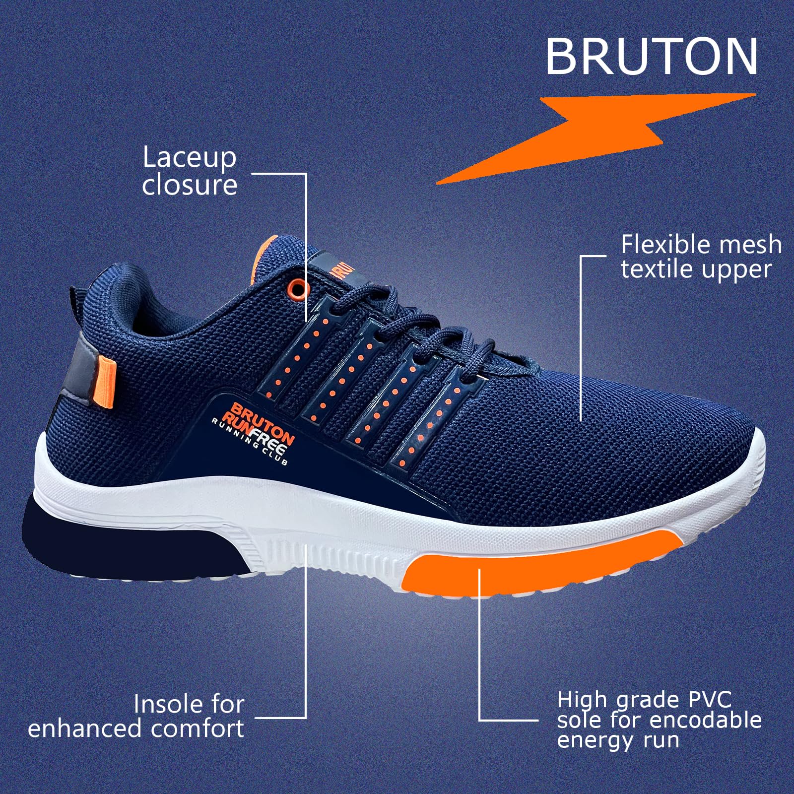 BRUTON Men's Casual & Running Shoes - Lightweight Sports Sneakers in Blue & Orange for Walking, Jogging, and Gym Workouts