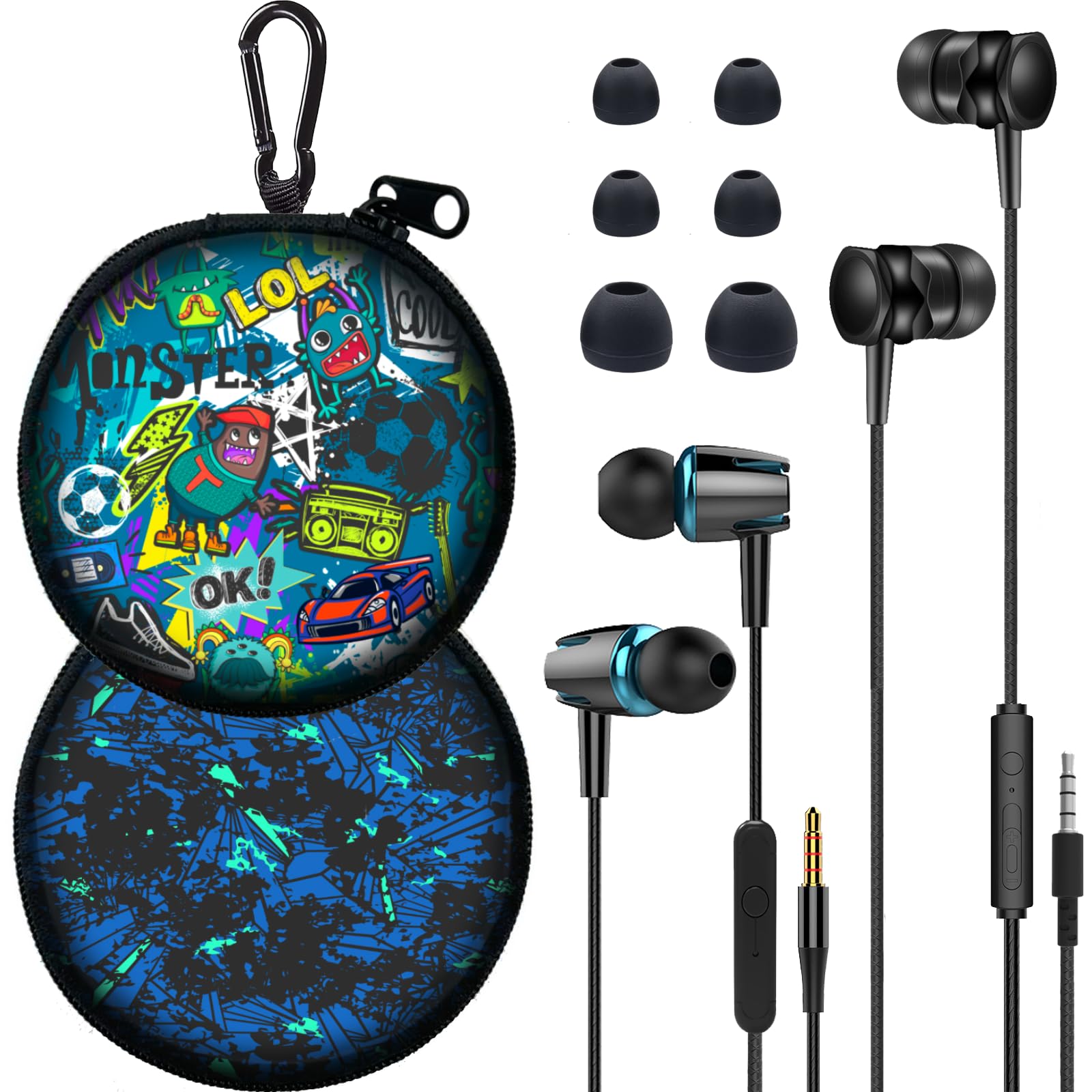 GOGOSINIS 2 Pack Wired Earbuds with Case for Kids & Teens - 3.5mm Headphones with Small Ear Tips for School, Phone, PC & Laptop (Blue Graffiti) - Perfect for Online Classes, Gaming & Music Listening