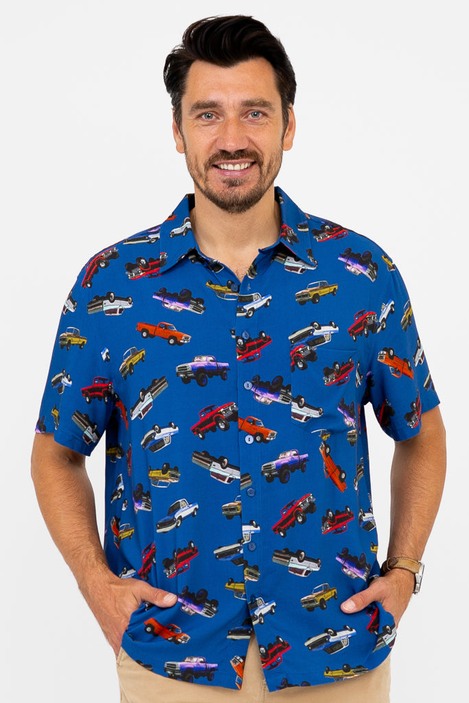 Dinosaur Print Shirt for Kids - Blue Truck Design, Soft Woven Bamboo Fabric - Perfect for Playdates, School & Outdoor Adventures