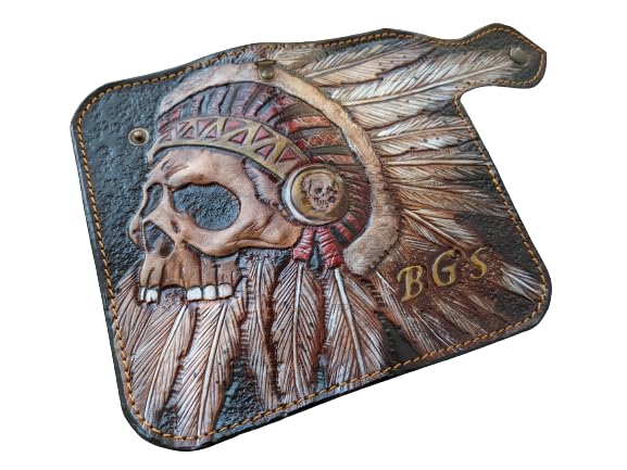 Handmade 3D Genuine Leather Biker Wallet for Men - Custom Engraved & Hand-Painted Long Wallet with Indian Skull & Skeleton Design - Perfect for Motorcycle Riders, Gift Giving & Everyday Use