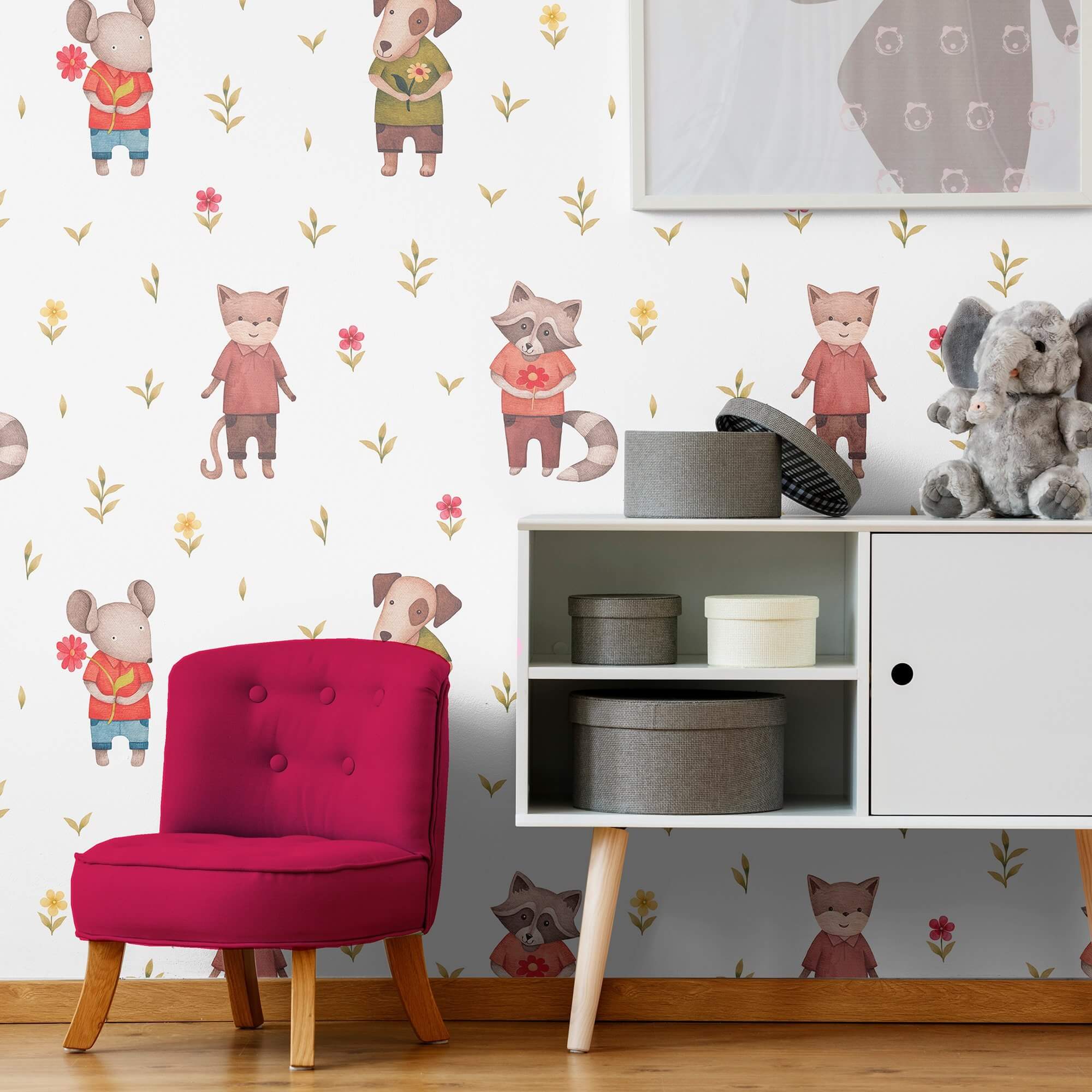 Green and Red Animals Children's Peel and Stick Removable Wallpaper 0340 - Fun Nursery Decor for Kids' Rooms & Play Areas