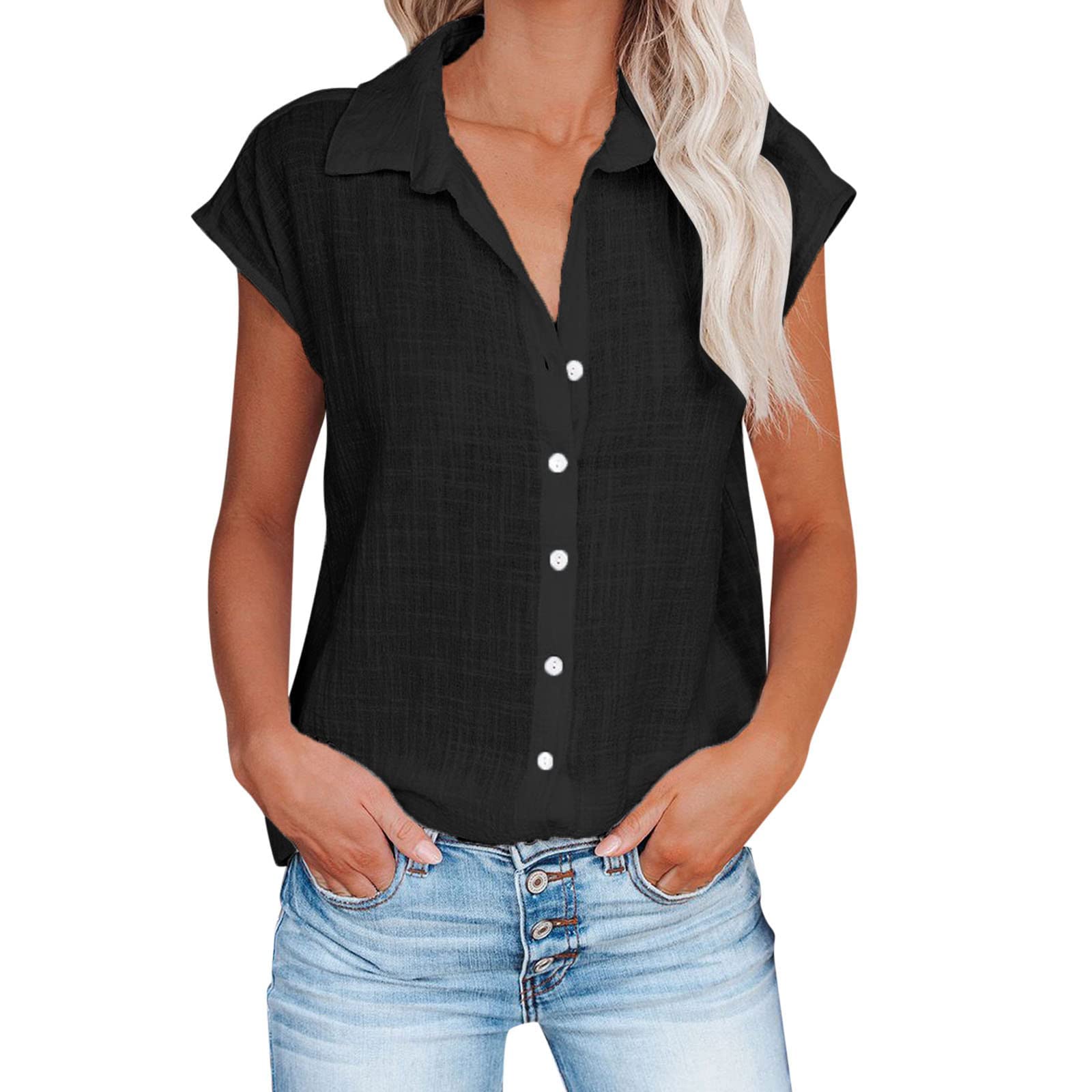 Women's V-Neck Short Sleeve Button Down Shirts - Cotton Linen Blend Casual Blouse with Irregular Hem for Office Work & Everyday Wear | Perfect for Business Casual, Summer Outfits & Professional Wardrobe