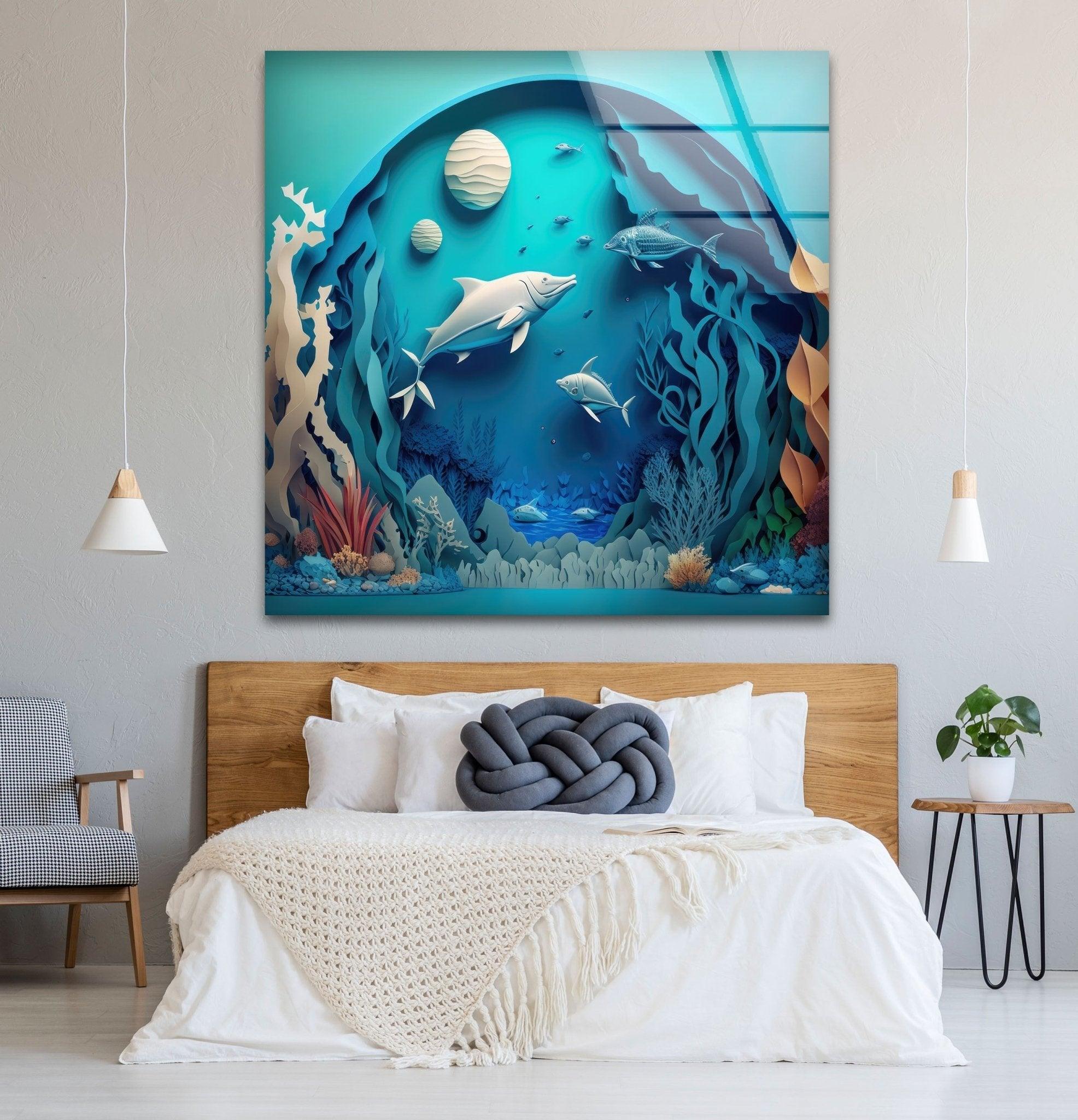 3D Fishes Paint Glass Wall Art - Handmade Ocean Themed Decor for Living Room, Bedroom, Bathroom - Perfect for Home, Office & Gift Giving
