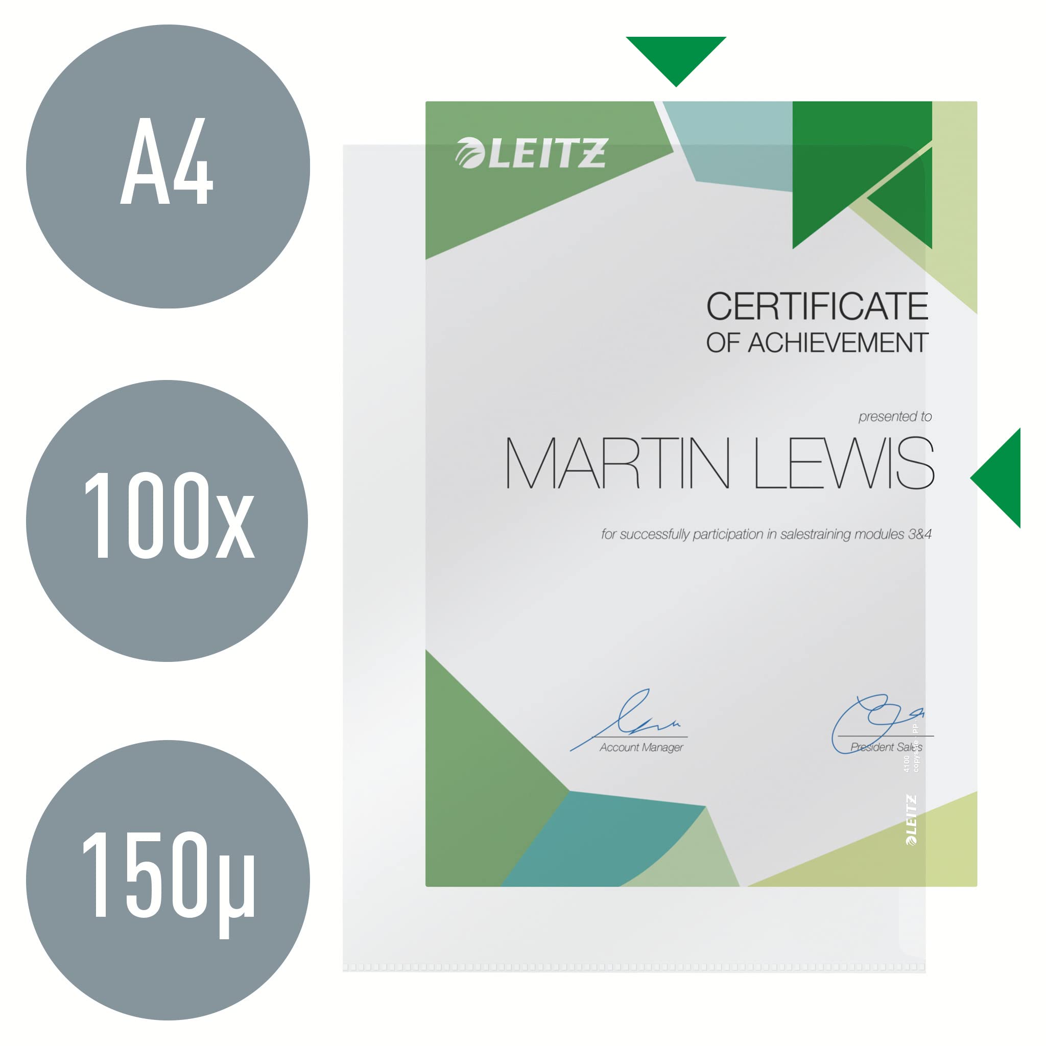 Leitz 41000203 100-Pack Clear A4 Corner Pockets - Durable Hard Plastic Sheet Protectors for Documents, Photos & Certificates - Perfect for Office Filing, School Projects & Home Organization