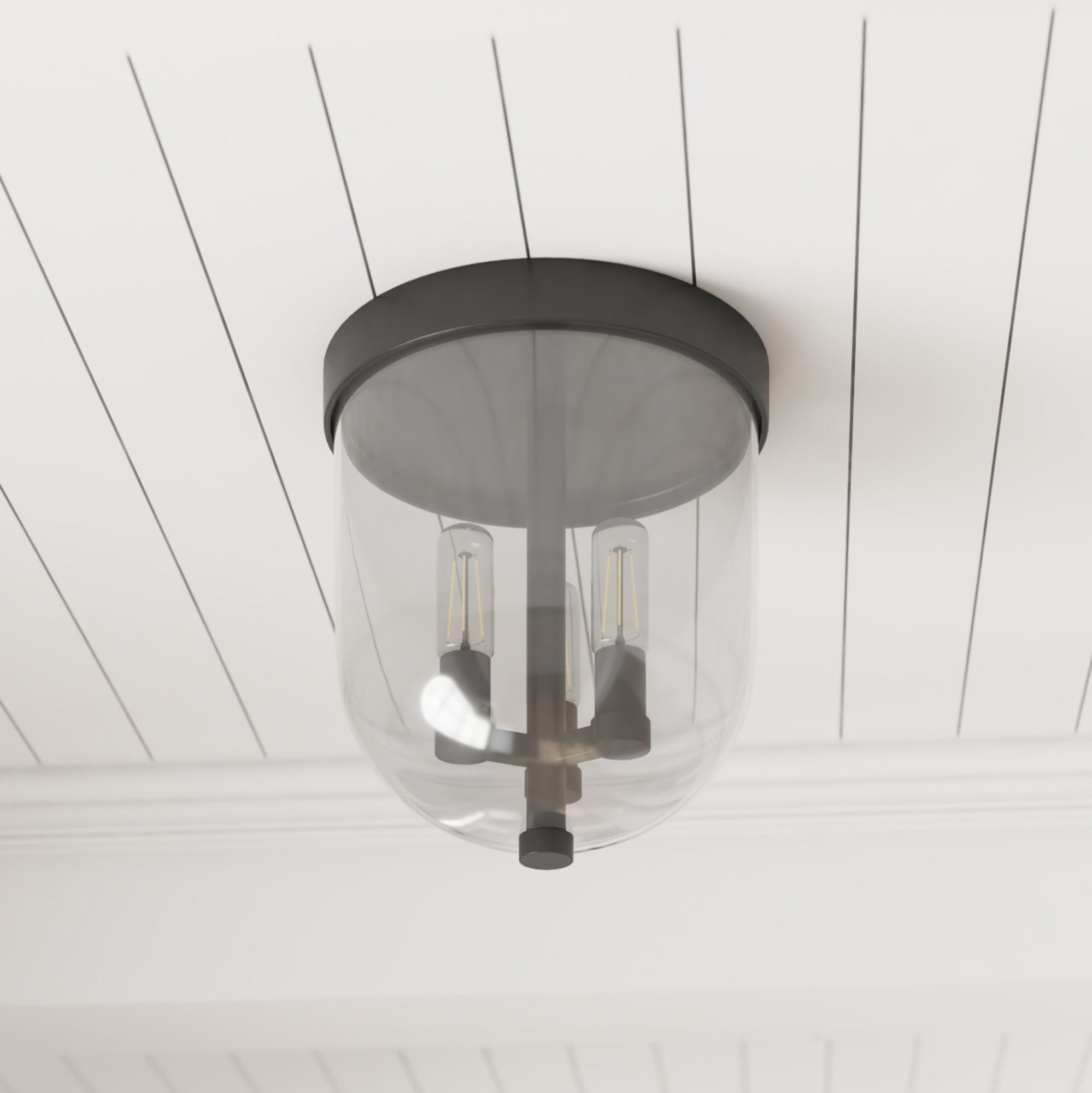 3-Light Hansley Flush Mount Ceiling Light Fixture - Matte Black with Clear Glass Shades - Perfect for Bedroom, Hallway, or Entryway Lighting