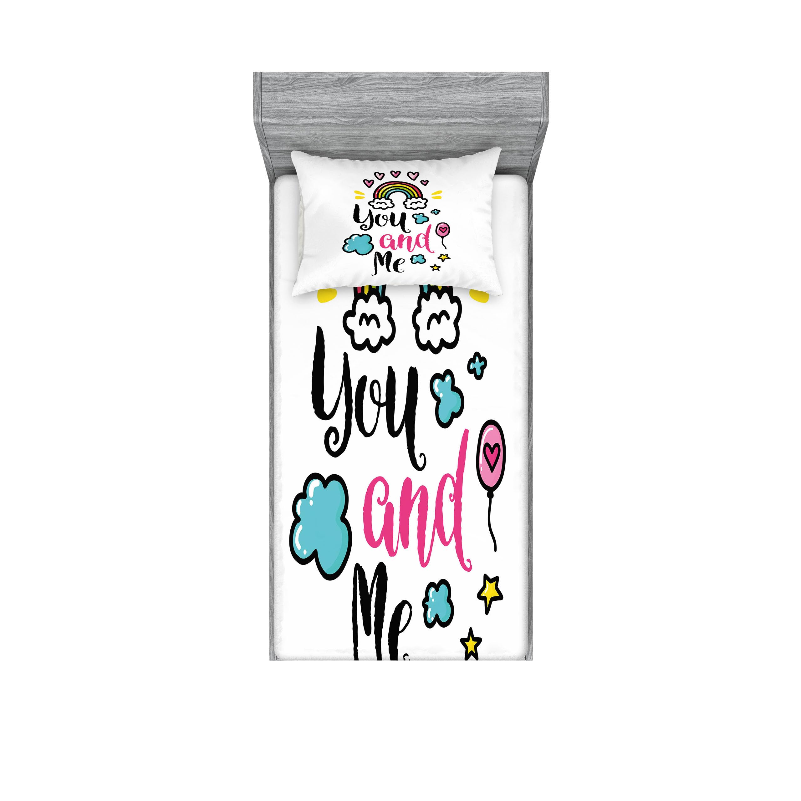 Ambesonne Inspirational Fitted Sheet & Pillow Sham Set - Romantic You and Me Words with Rainbow Clouds Hearts Doodle Print - 2 Piece Twin Size Bedding Set for Couples - Perfect for Valentine's Day Gifts & Anniversary Presents