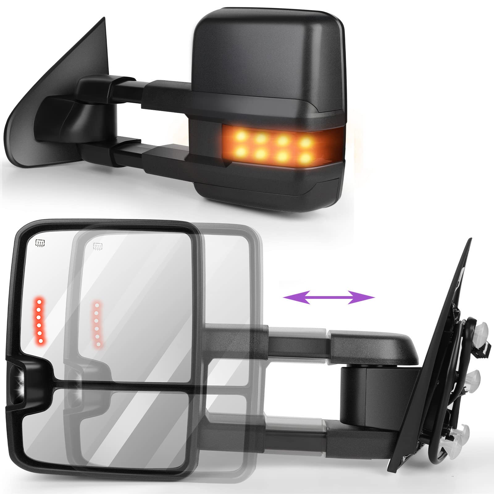 INEEDUP Towing Mirrors for GMC Sierra 2500/3500 HD (2015-2019) - Power Adjustable Heated Mirrors with LED Turn Signal & Puddle Light - Black Housing - Perfect for Enhanced Visibility & Safety While Towing Trailers or Heavy Loads