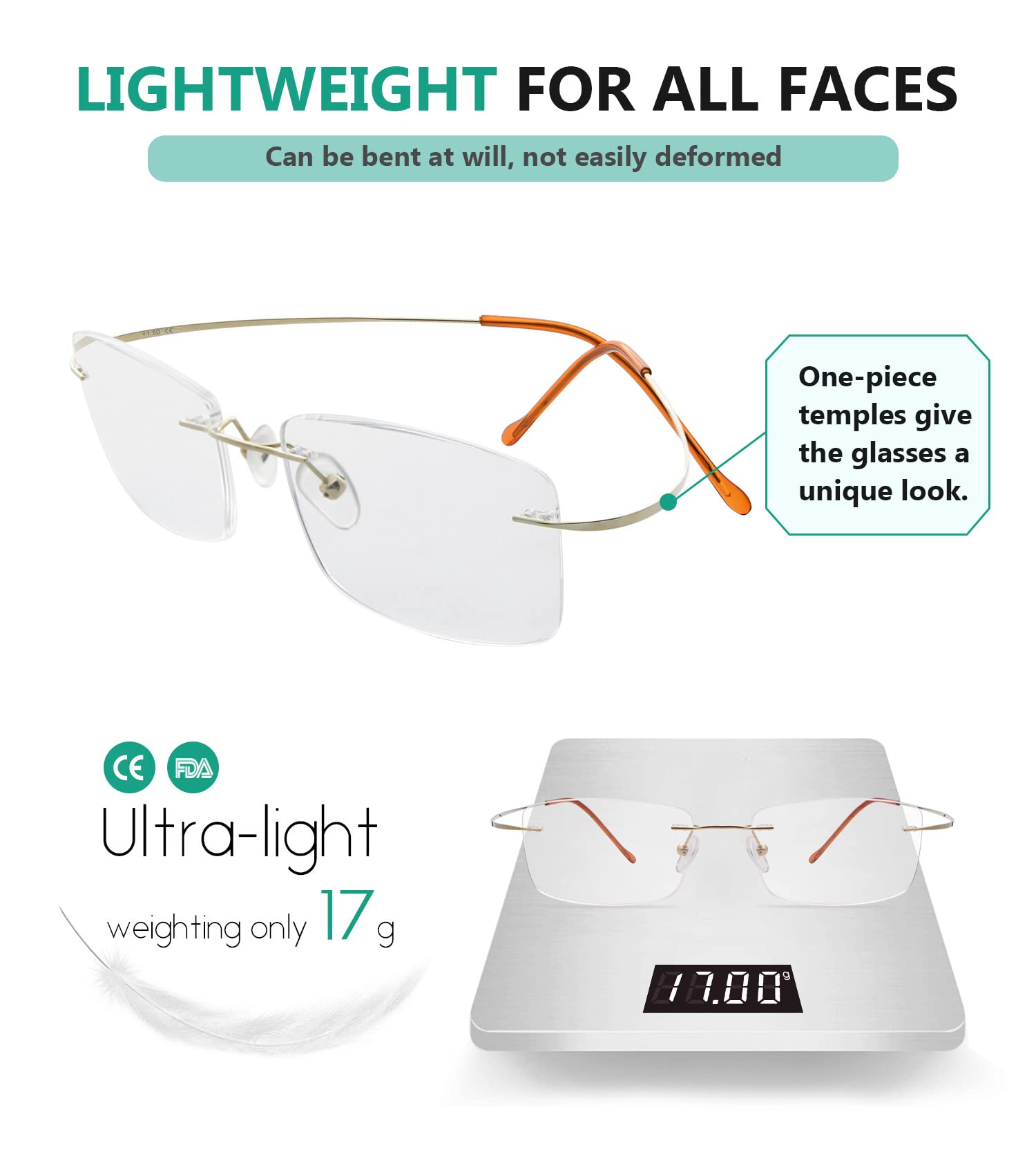 Titanium Rimless Reading Glasses for Men +1.25 Strength - Lightweight Gold Frame Readers for Reading, Office & Travel