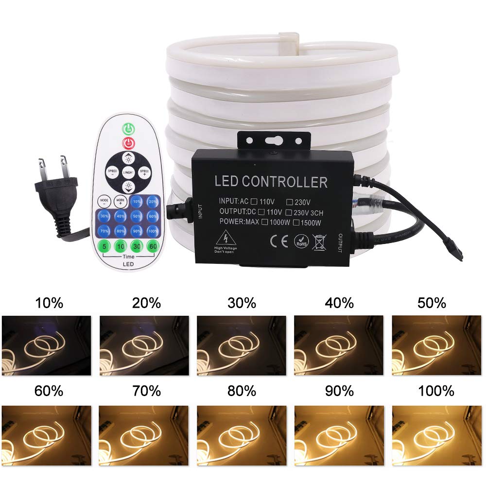 XUNATA LED Neon Light Strip - Dimmable 110-120V Flexible Rope Lighting, 120 LEDs/Meter, 164ft/50m Waterproof 2835 SMD - with Remote Control for Party, Wedding, Bar, Home & Outdoor Decoration (Blue)